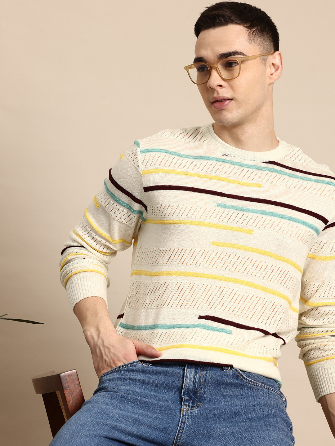 Mast & Harbour Horizontally Striped Acrylic Pullover with Open-Knit Detail