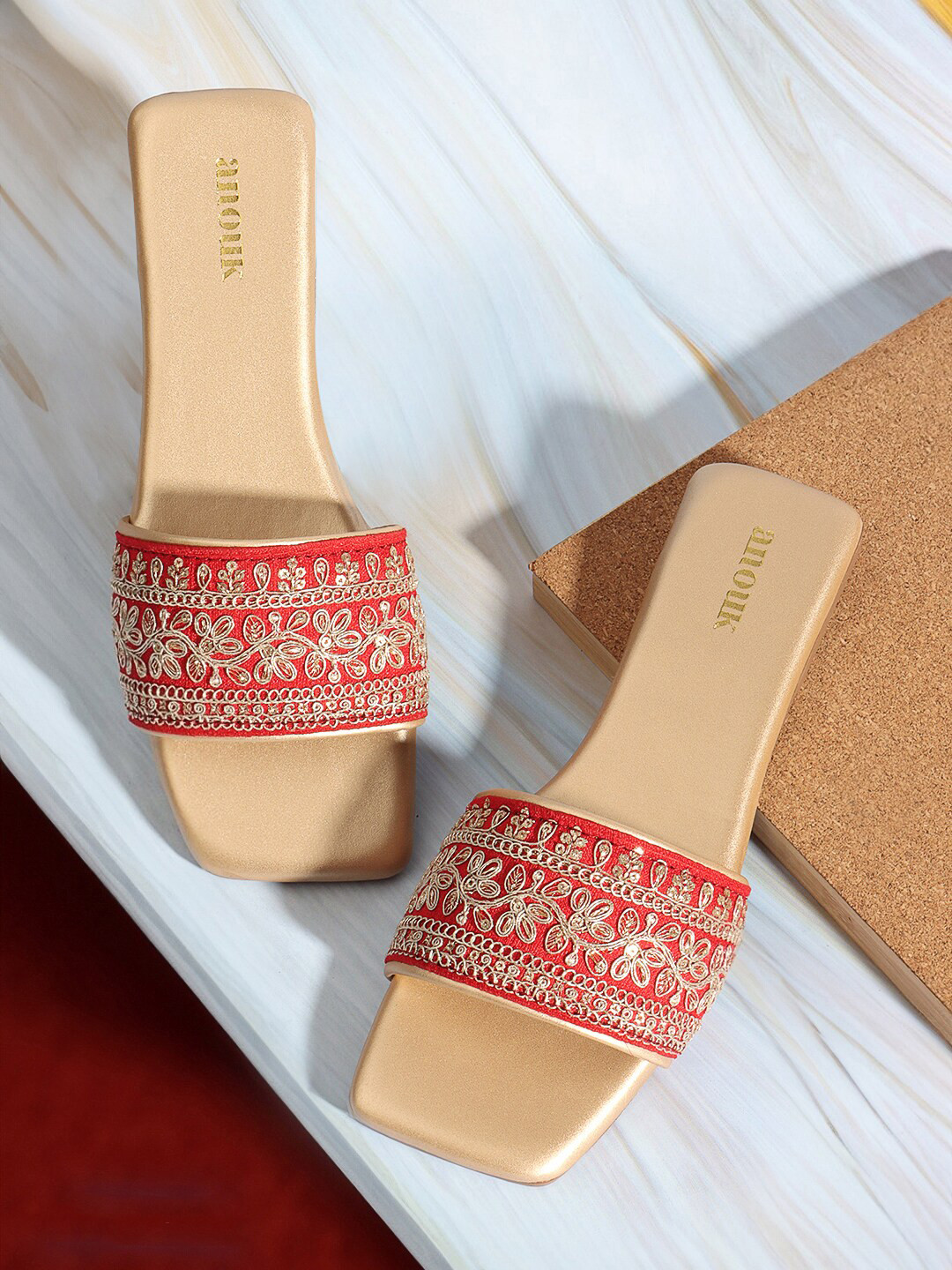 Anouk Red Embellished Open Toe Flats