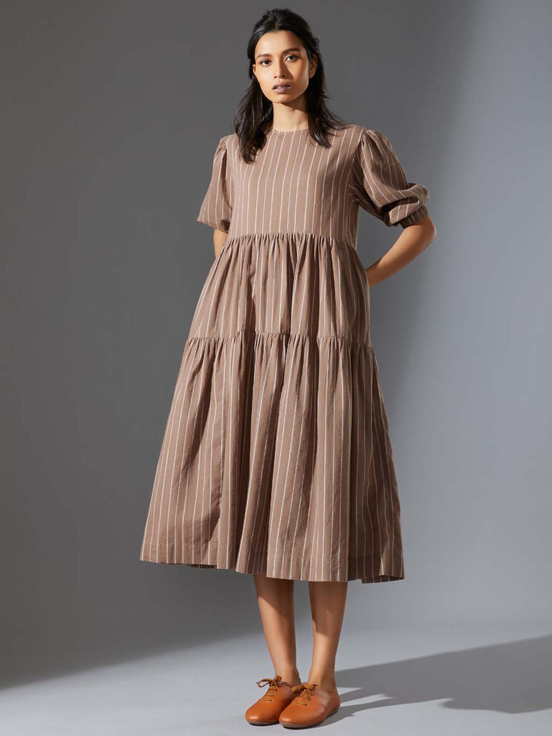 MATI Striped Puff Sleeves Fit & Flare Cotton Tiered Midi Dress