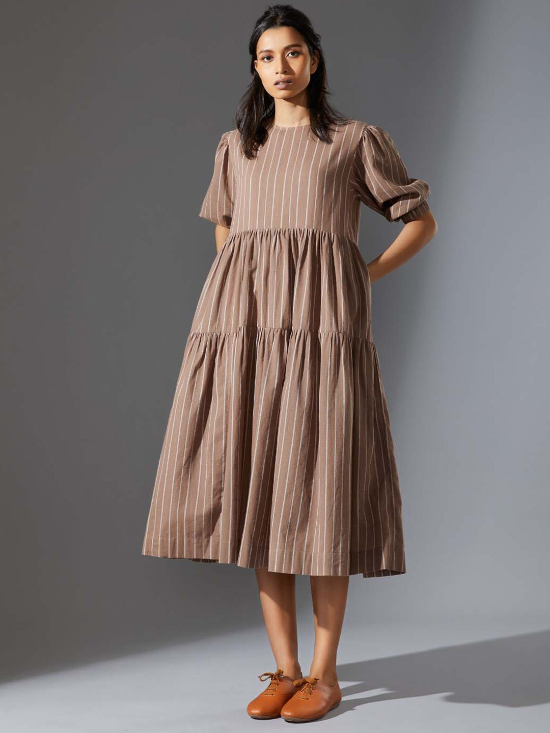 MATI Striped Short Sleeves Round Neck Cotton A-Line Midi Dress