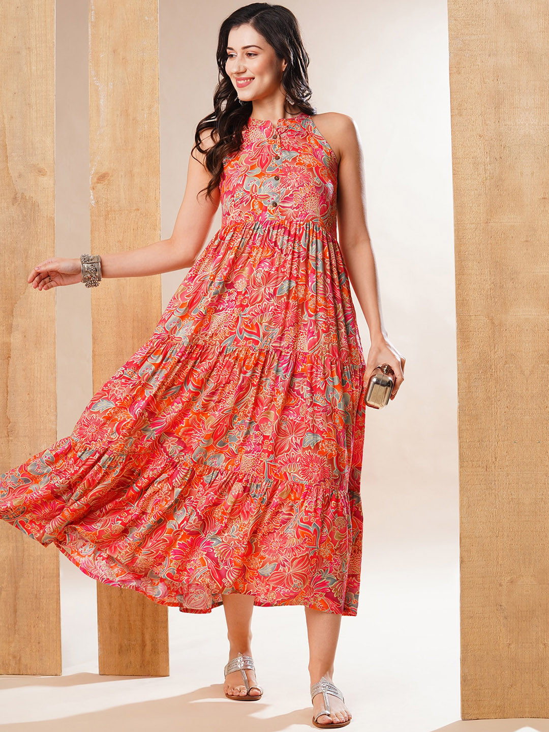 Globus Women Multi Halter Neck Allover Floral Print Tiered Fit & Flare Fusion Maxi Dress