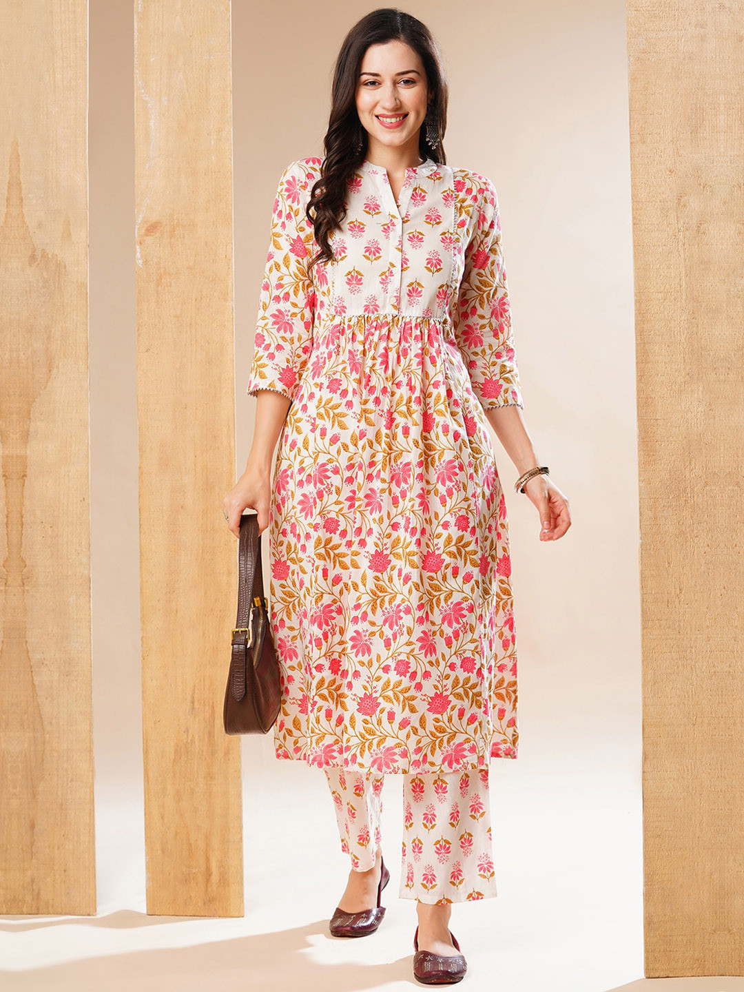Globus Off White Floral Printed Pure Cotton Mandarin Collar A-Line Kurta & Trouser