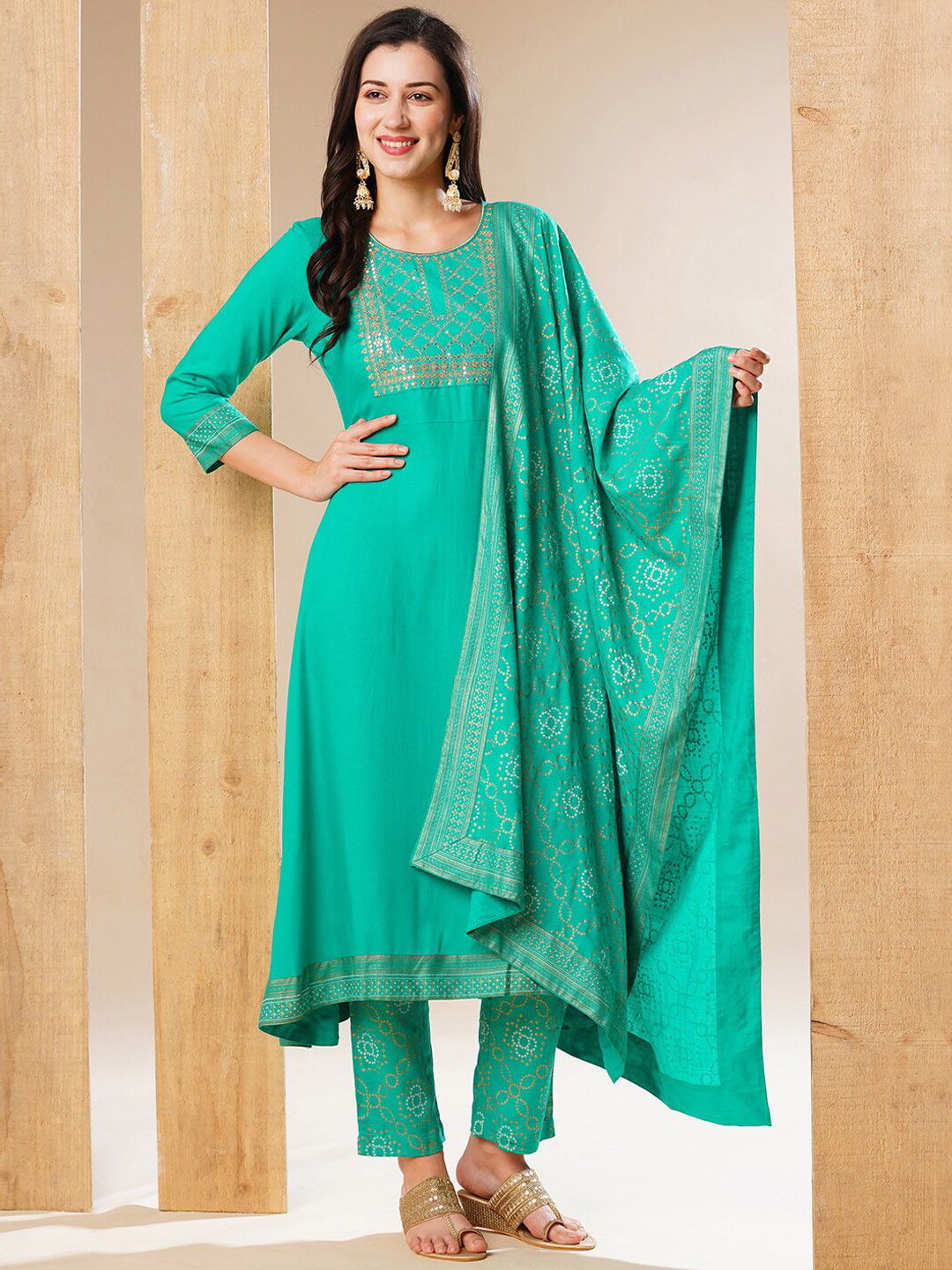 Globus Green & White Embroidered Yoke Design Zari A-Line Kurta With Trousers & Dupatta
