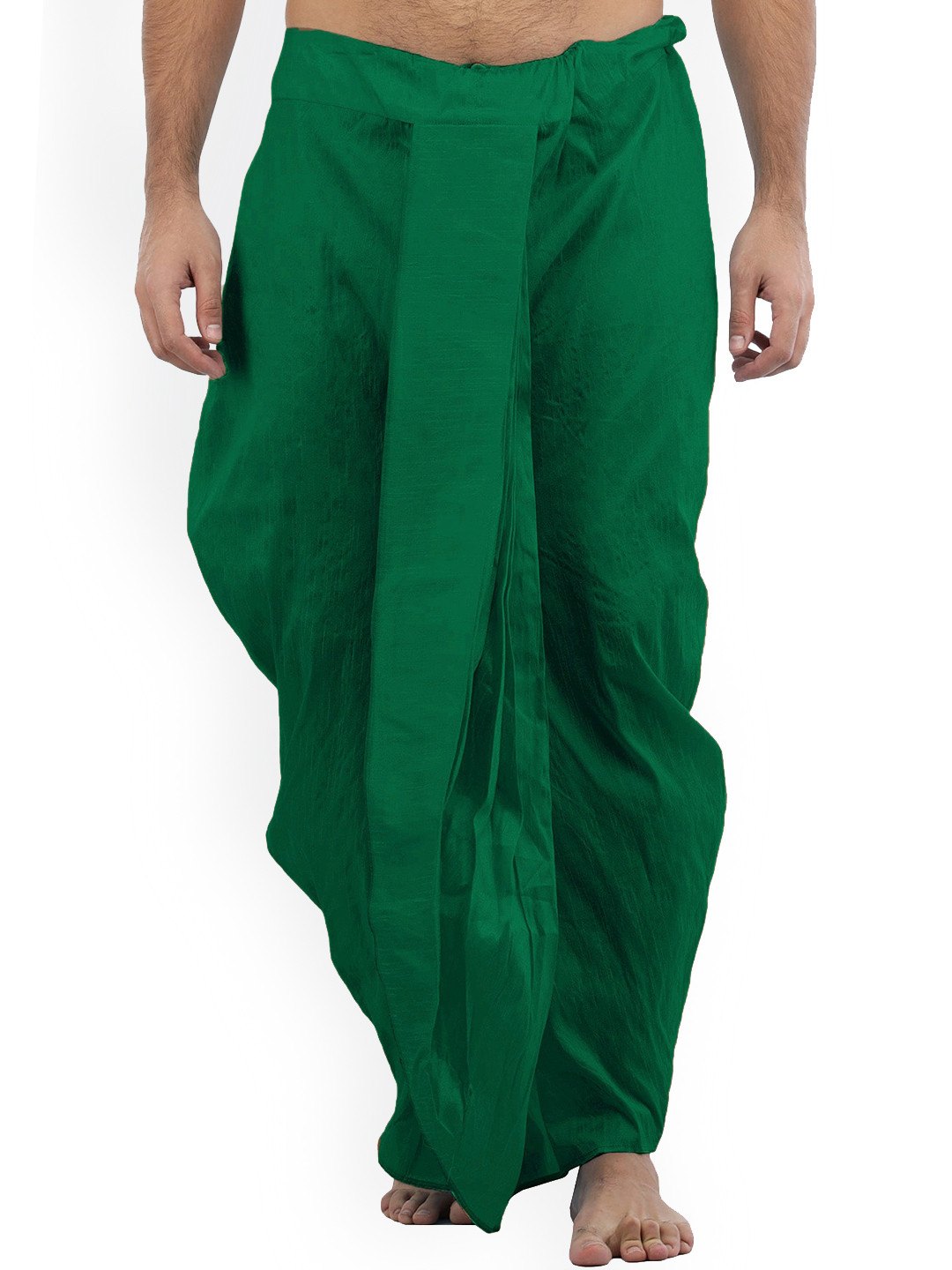 Exotic India Green Ready to Wear Silk Plain Dhoti