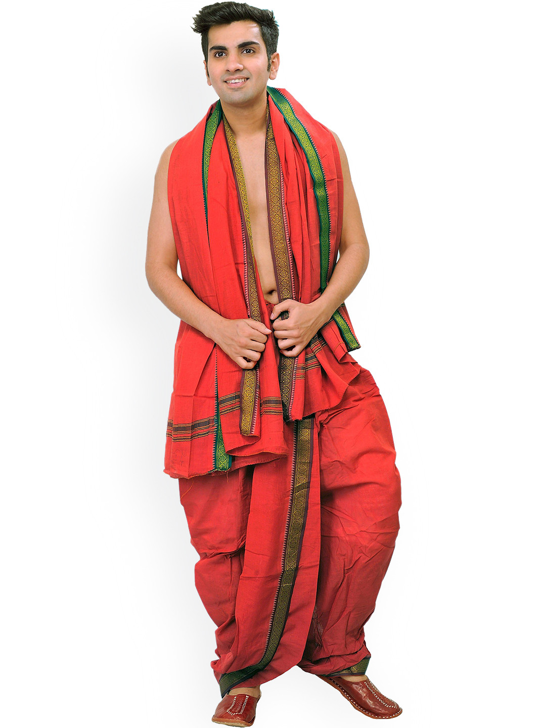 Exotic India Rococco Red Ready to Wear Dhoti and Angavastram Set with Woven Temple Border