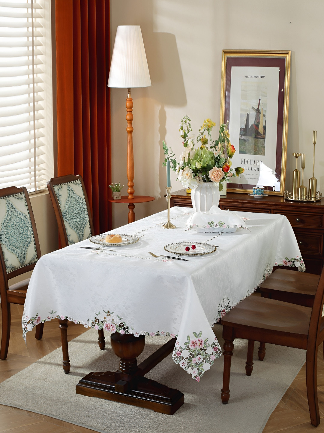 MONKDECOR Pink Floral 8-Seater Table Cover with Embroidered details