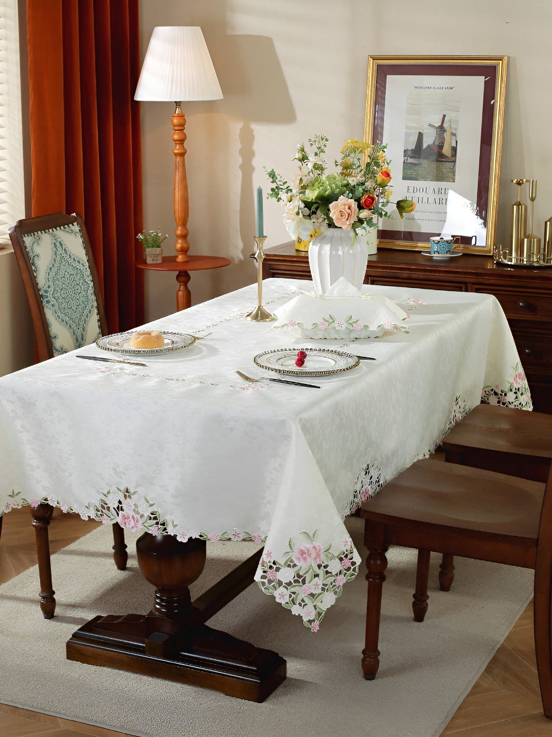 MONKDECOR Pink Floral 8-Seater Table Cover with Embroidered details