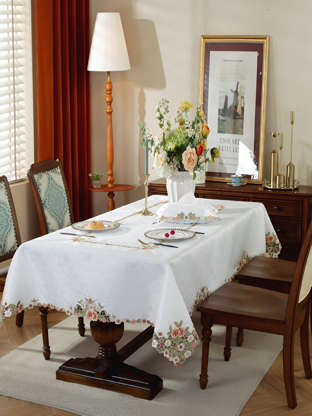 MONKDECOR Peach-Coloured Floral 8-Seater Table Cover with Embroidered details