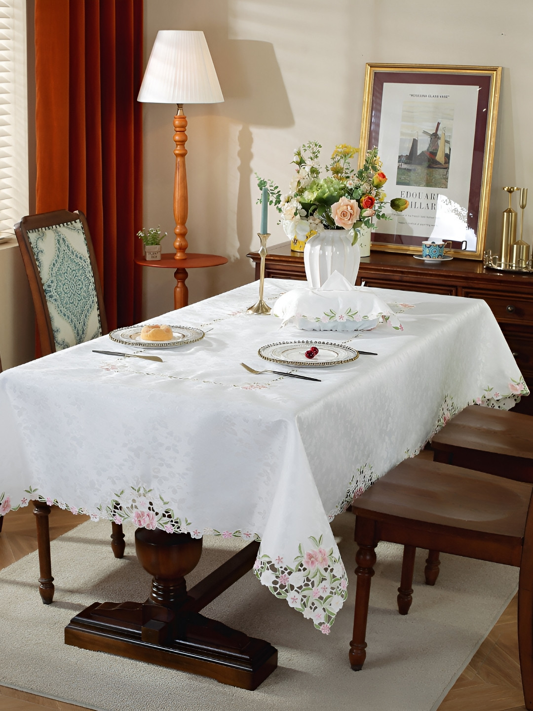 MONKDECOR Pink Floral 8-Seater Table Cover with Embroidered details
