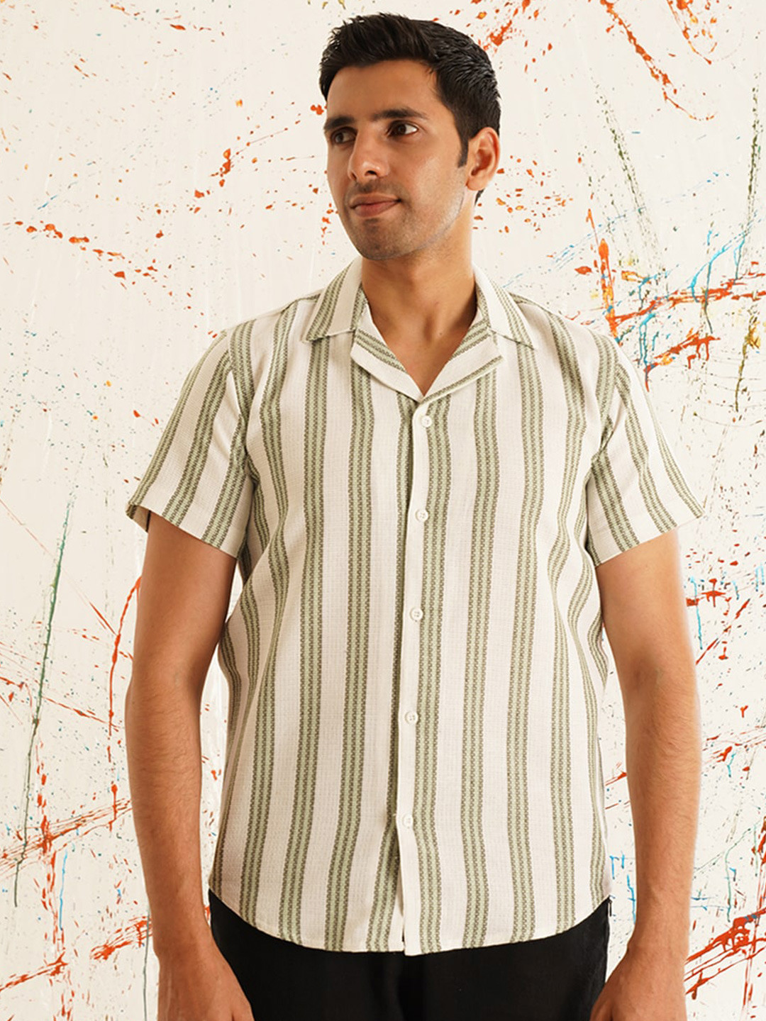 Indian Needle Classic Striped Spread Collar Cotton Wrinkle Free Casual Shirt