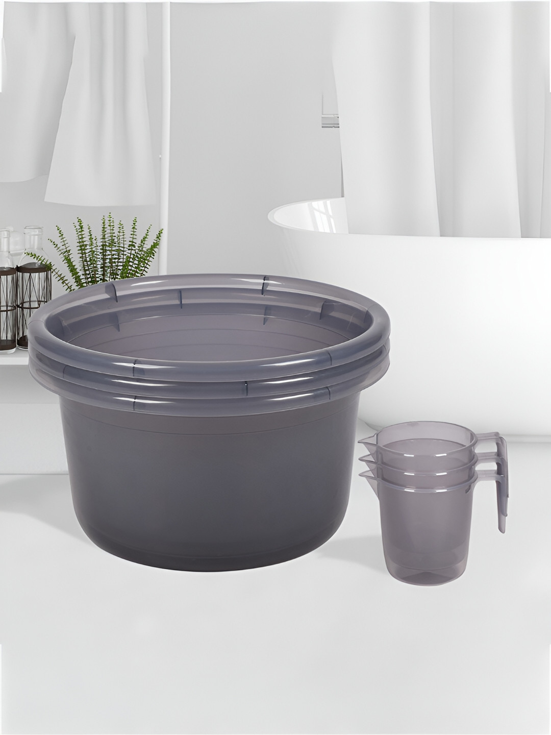Kuber Industries Transparent Grey 6 Pieces Bathroom Tub & Mugs