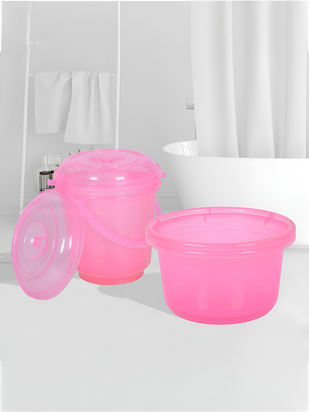 Kuber Industries Transparent & Pink 4 Pieces Bathroom Tub & Buckets