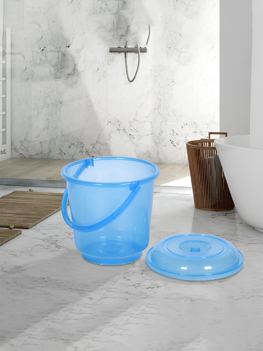 Kuber Industries Blue & Grey 3 Pieces Bathroom Buckets With Lids