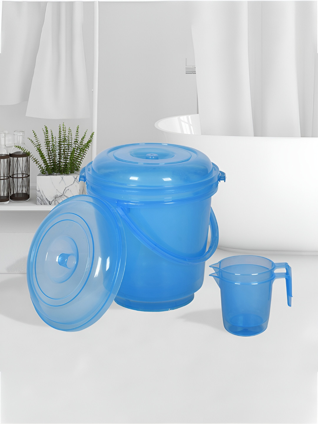 Kuber Industries Blue & Transparent 4 Pieces Solid Bathroom Bucket and Mug