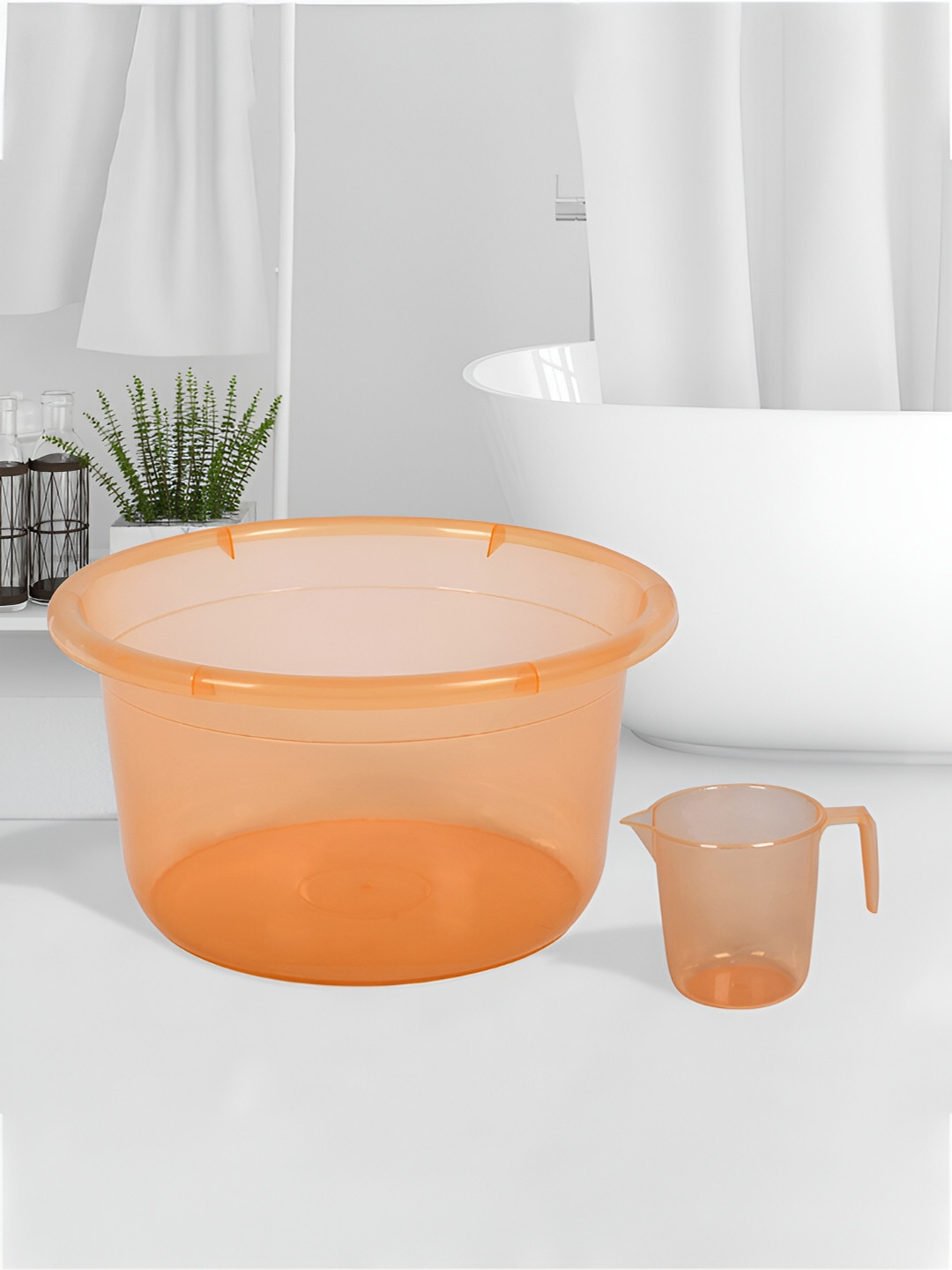 Kuber Industries Transparent & Orange 2 Pieces Bathroom Tub & Mug