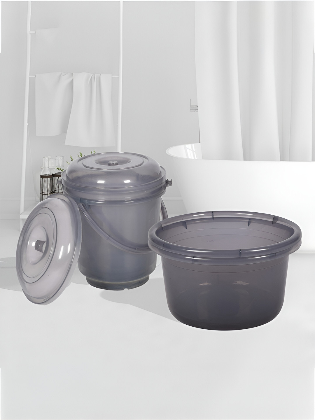 Kuber Industries Transparent Grey 4 Pieces Bathroom Tub & Buckets