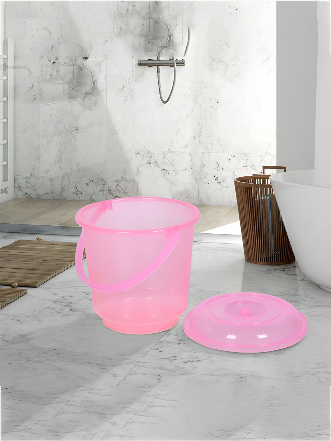 Kuber Industries Transparent & Pink 2 Pieces Bathroom Tub & Bucket