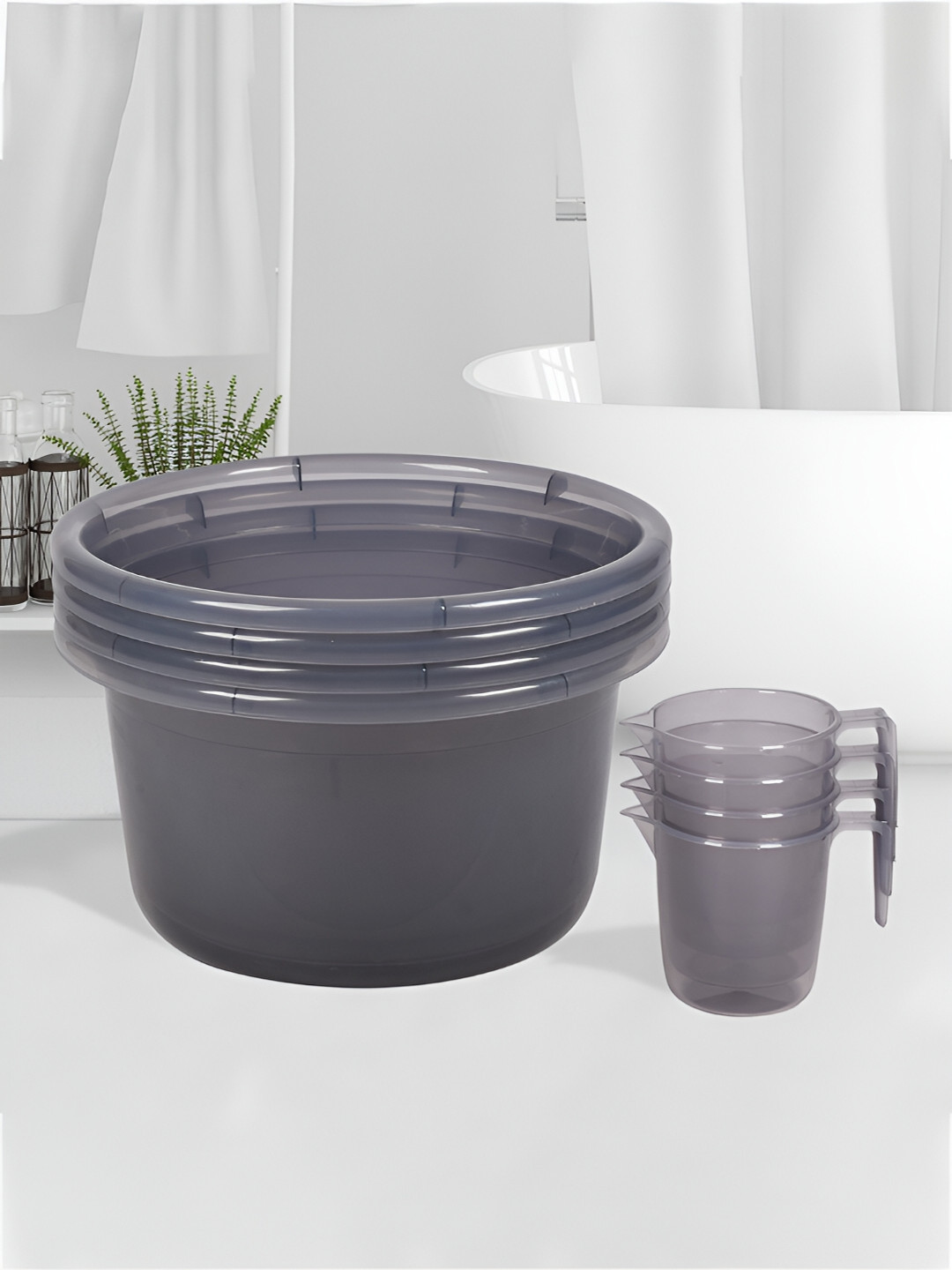 Kuber Industries Transparent & Grey 8 Pieces Solid Bathroom Mug & Tub