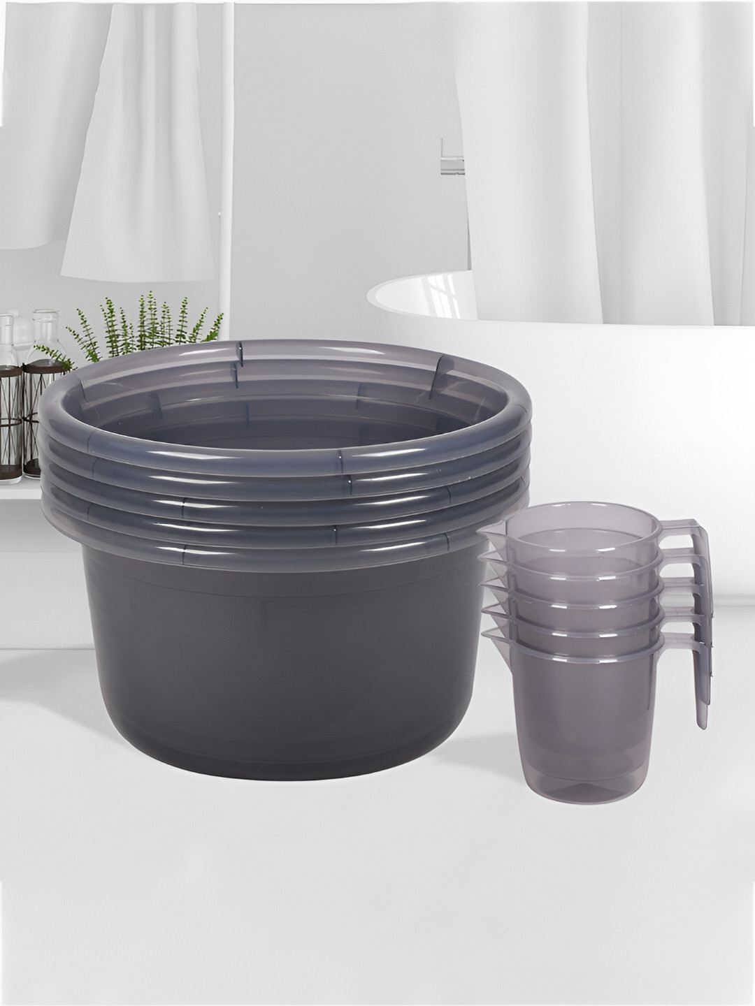 Kuber Industries Transparent & Grey 10 Pieces Solid Bathroom Tub and Mug