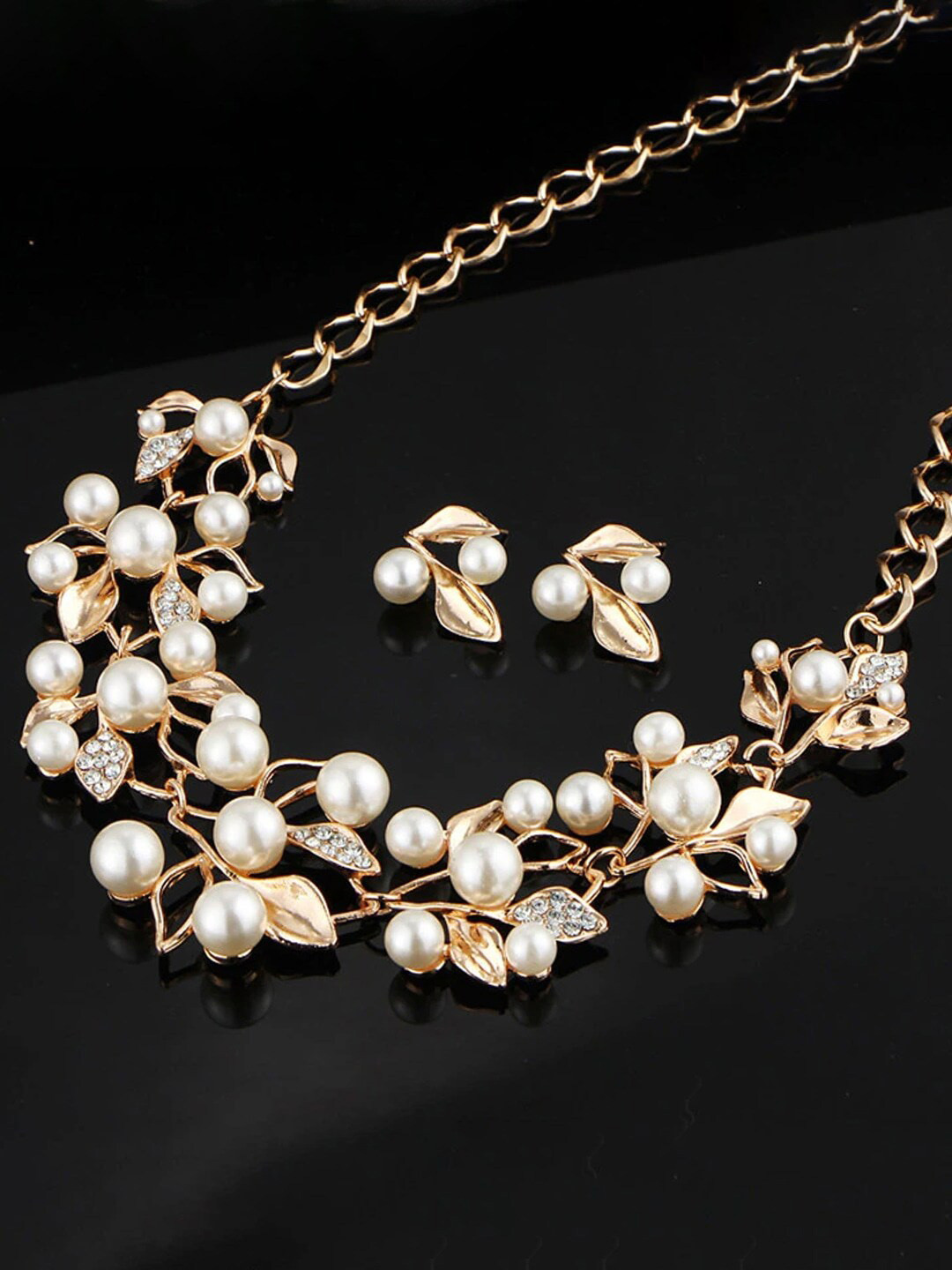 SYGA Gold-Plated Stone-Studded & Faux-Pearl Necklace & Earrings