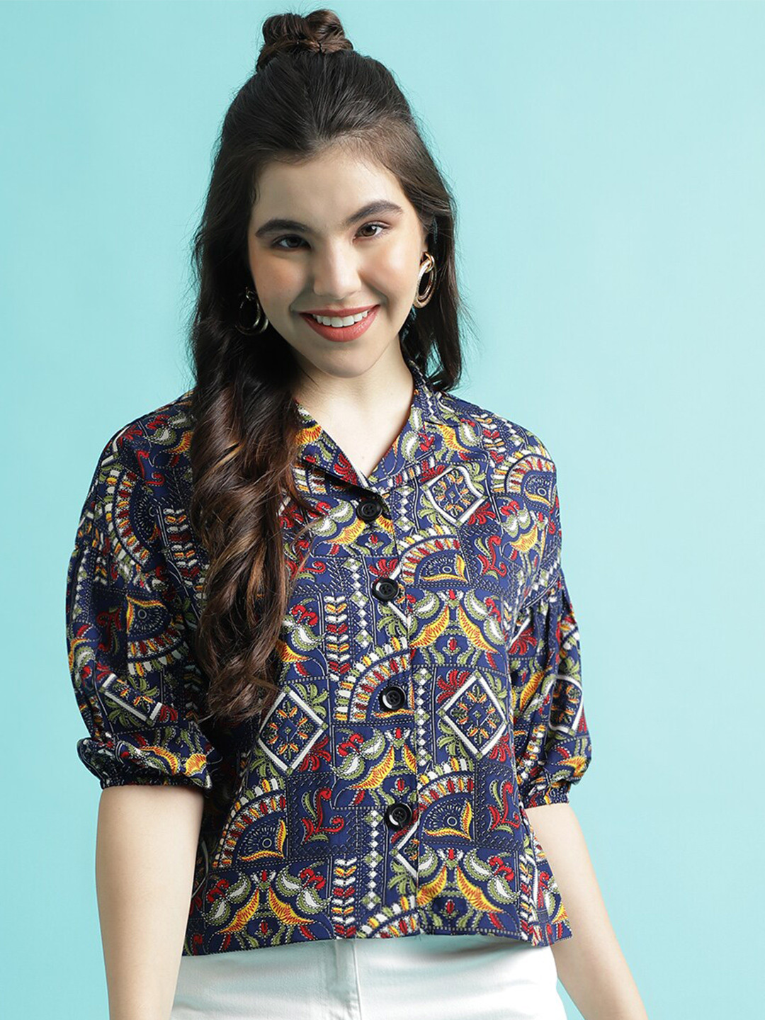 DressBerry Blue Ethnic Motifs Printed Shirt Collar Puff Sleeve Shirt Style Top