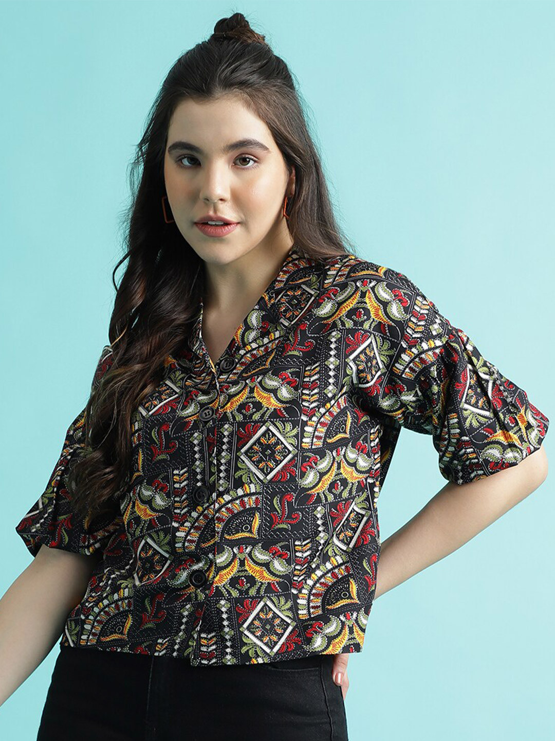 CLEMIRA Ethnic Print Shirt Collar Drop Shoulder Sleeves Crepe Top