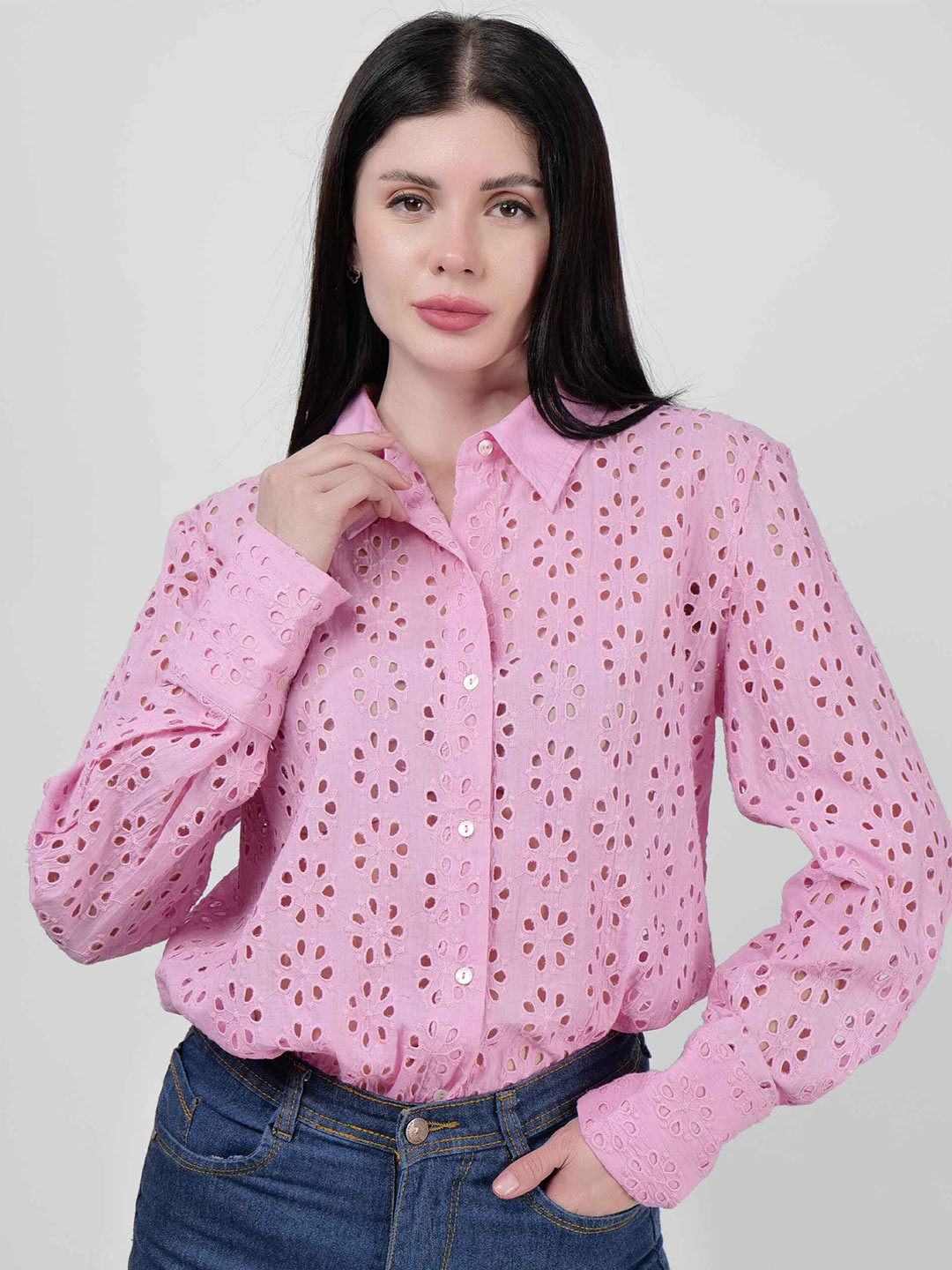 DRIRO Premium Self Design Spread Collar Cuffed Sleeves Schiffli Cotton Casual Shirt