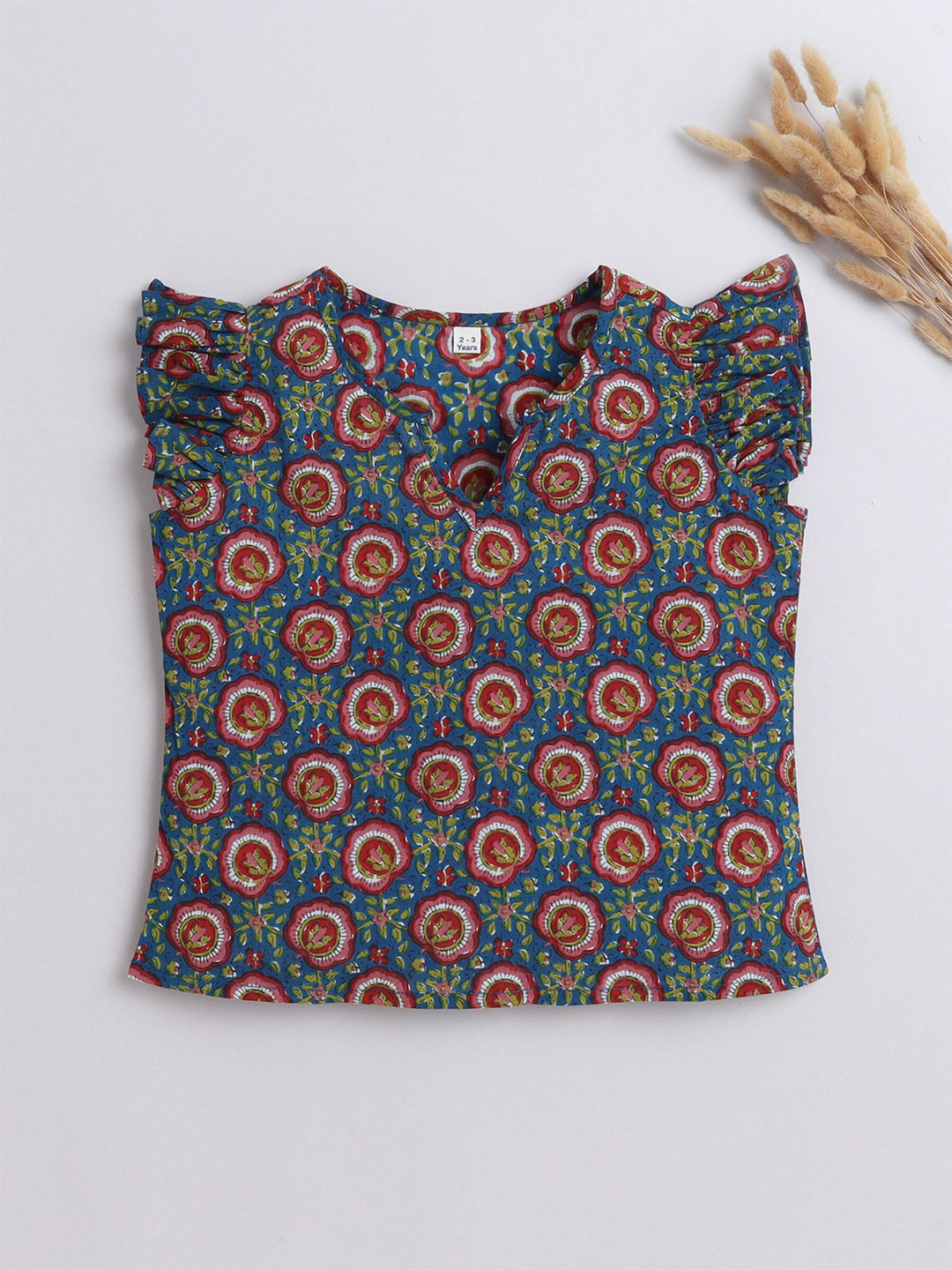 The Magic Wand Girls Floral Printed Notch Neck Flutter Sleeves Cotton Top