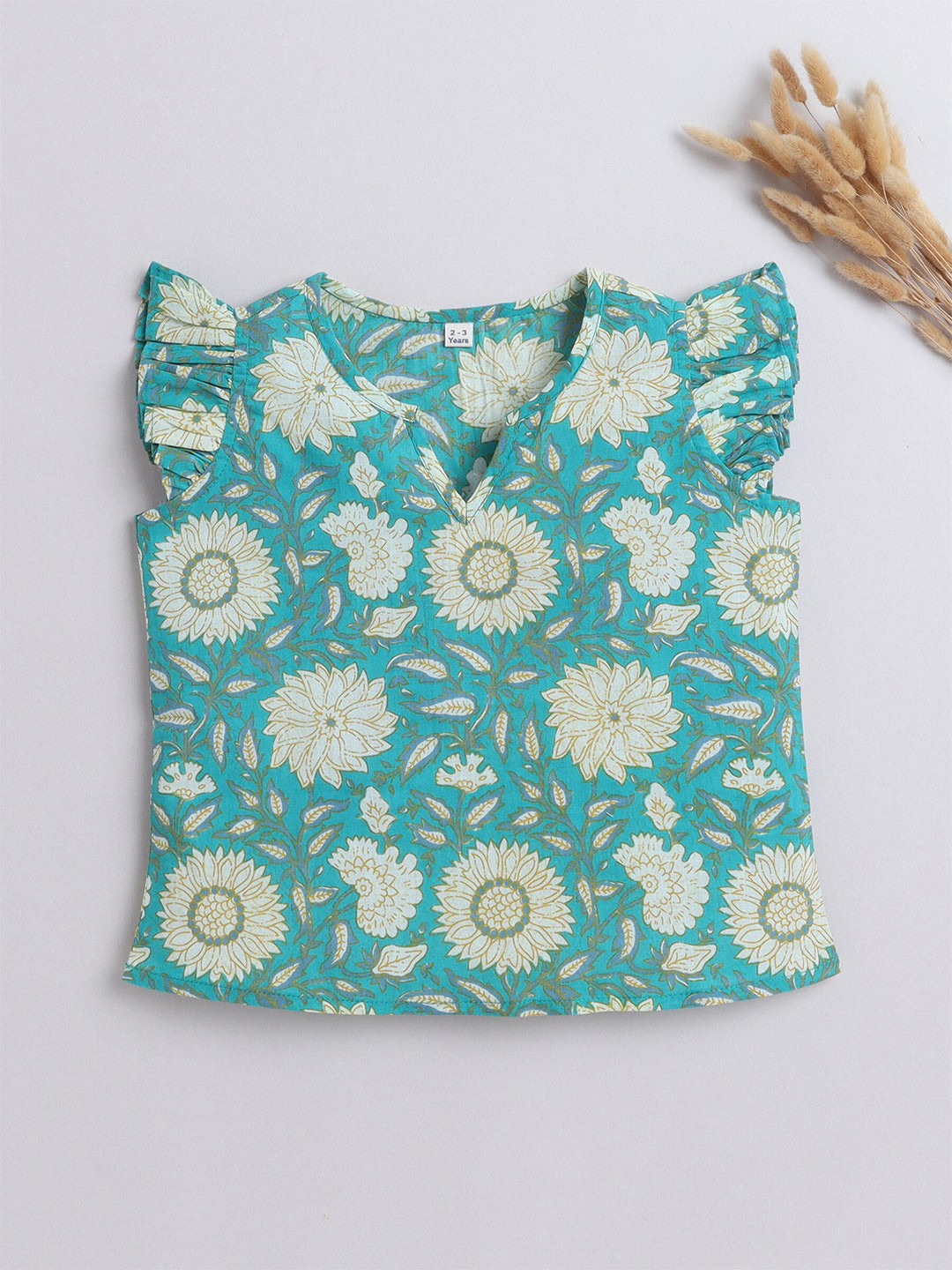 The Magic Wand Girls Floral Printed Notch Neck Flutter Sleeves Cotton Top