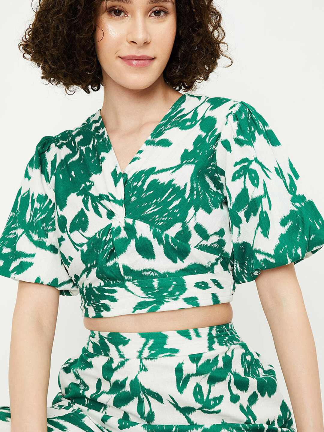 max Tropical Printed Puff Sleeve Cotton Wrap Crop Top