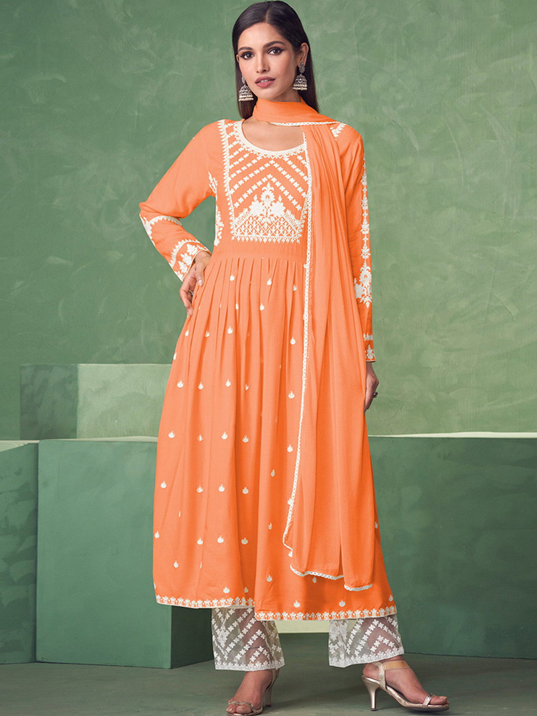 Peachmode Floral Embroidered Thread Work Lucknowi Work Kurta With Palazzos & Dupatta