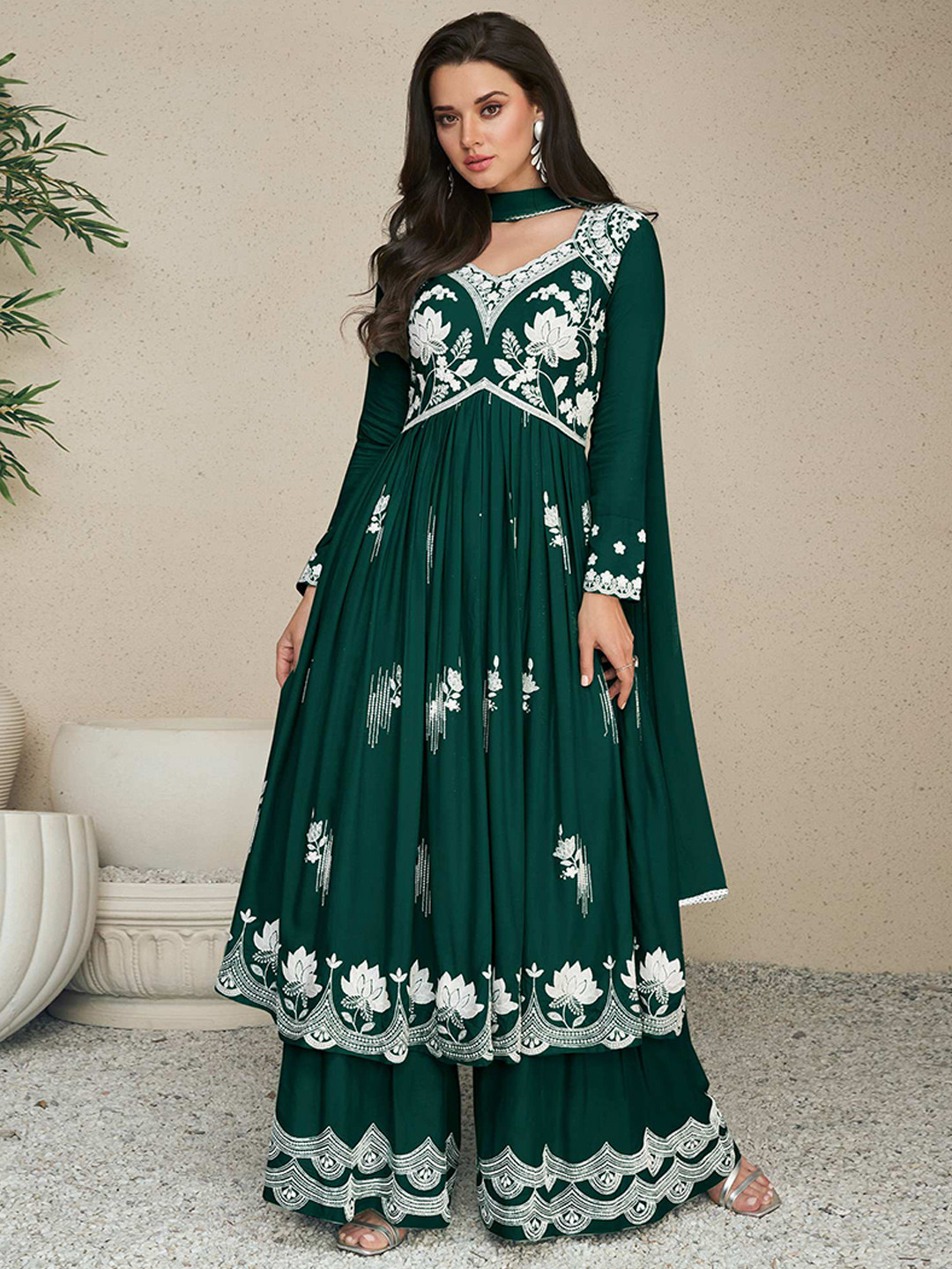 Peachmode Floral Embroidered Lucknowi Anarkali Kurta with Palazzo & Dupatta