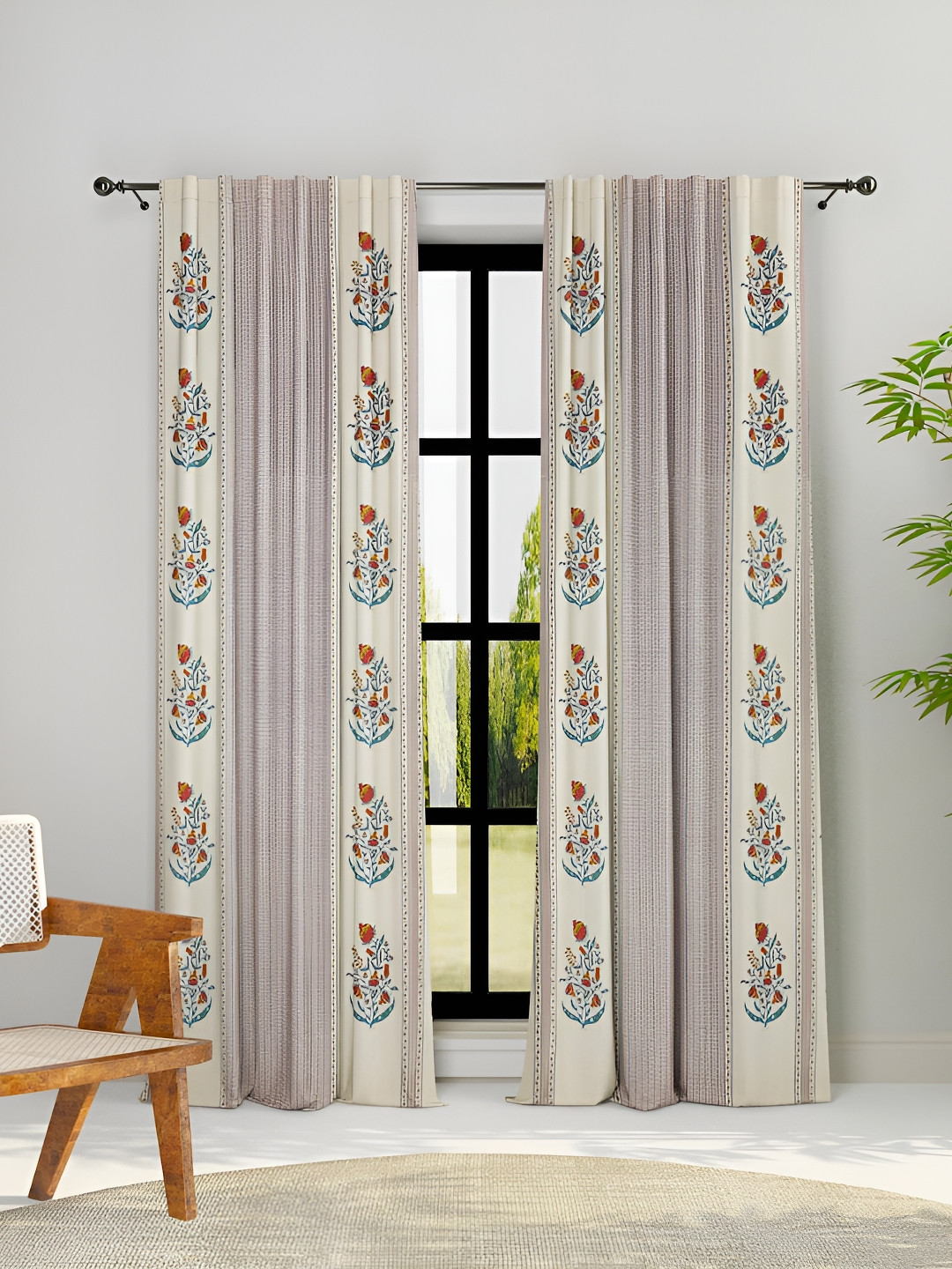 Fabindia Pink & Off White 2 Pieces Ethnic Motifs Long Door Curtains