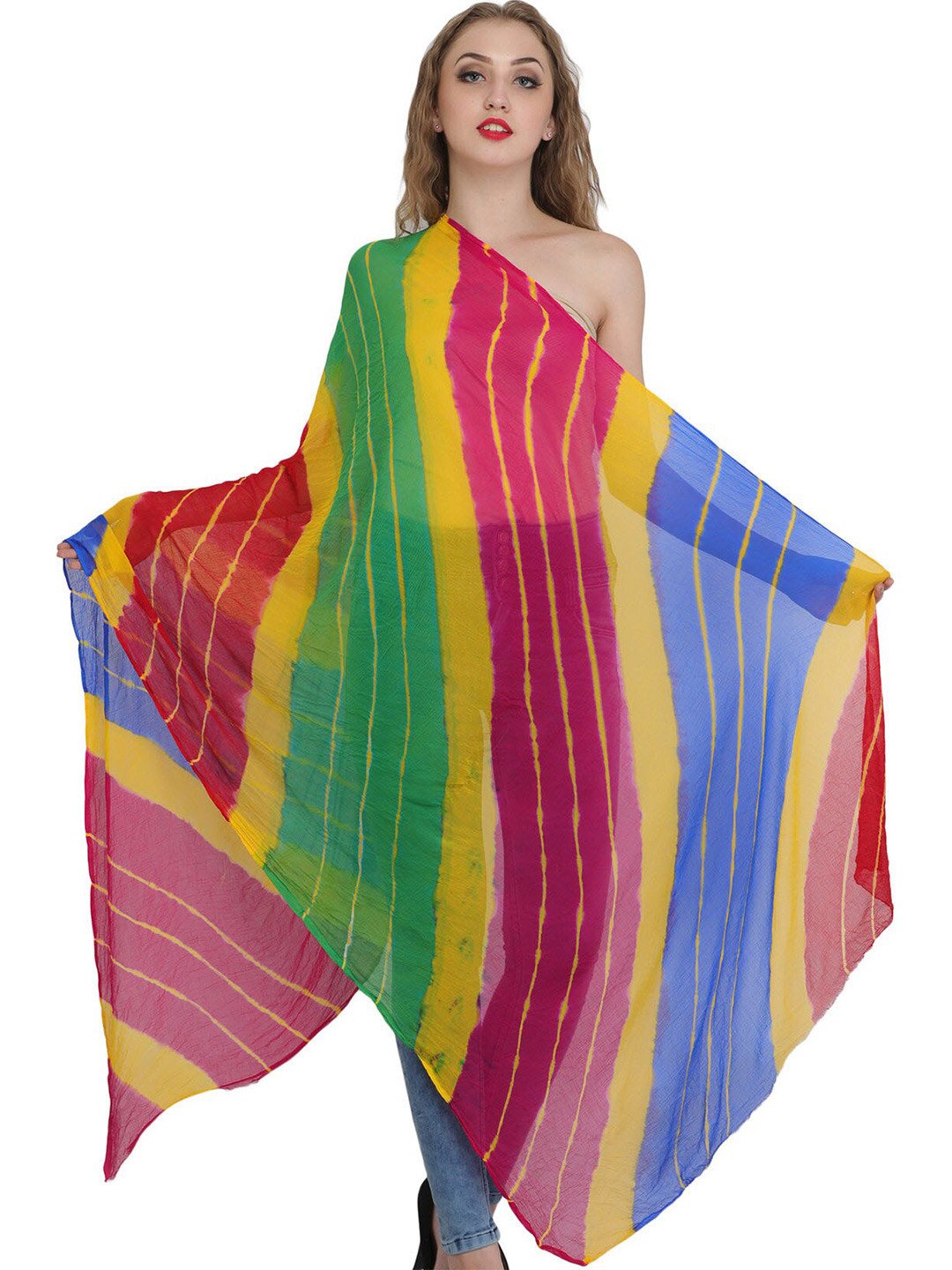 Exotic India High Risk Red Tie-dye Printed Chiffon Jodhpuri Dupatta