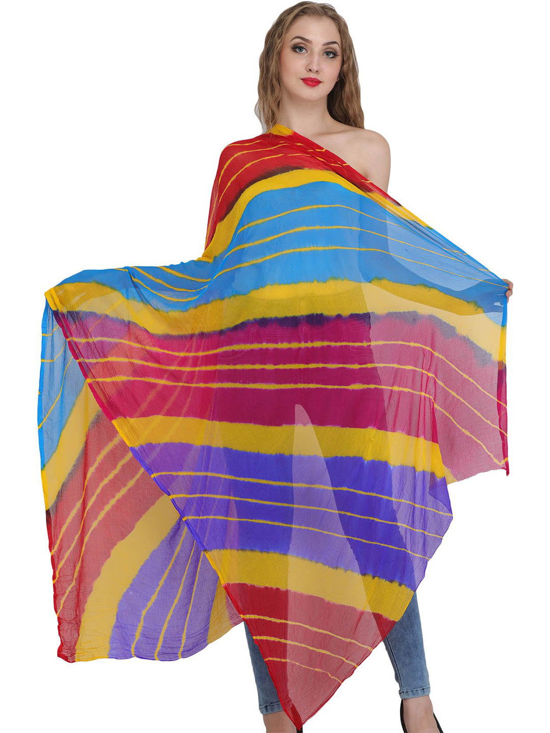 Exotic India Magenta Haze Tie-dye Printed Chiffon Jodhpuri Dupatta