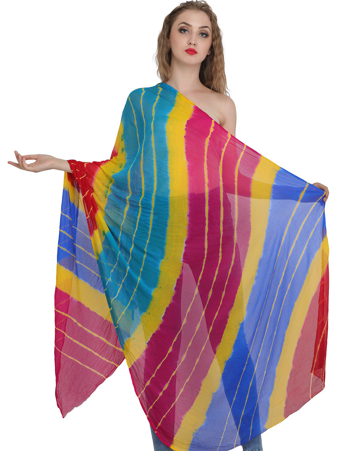 Exotic India Lemon Chrome Tie-dye Printed Chiffon Jodhpuri Dupatta