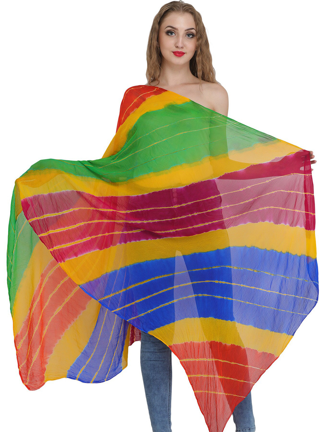 Exotic India Vibrant Green Tie-dye Printed Chiffon Jodhpuri Dupatta