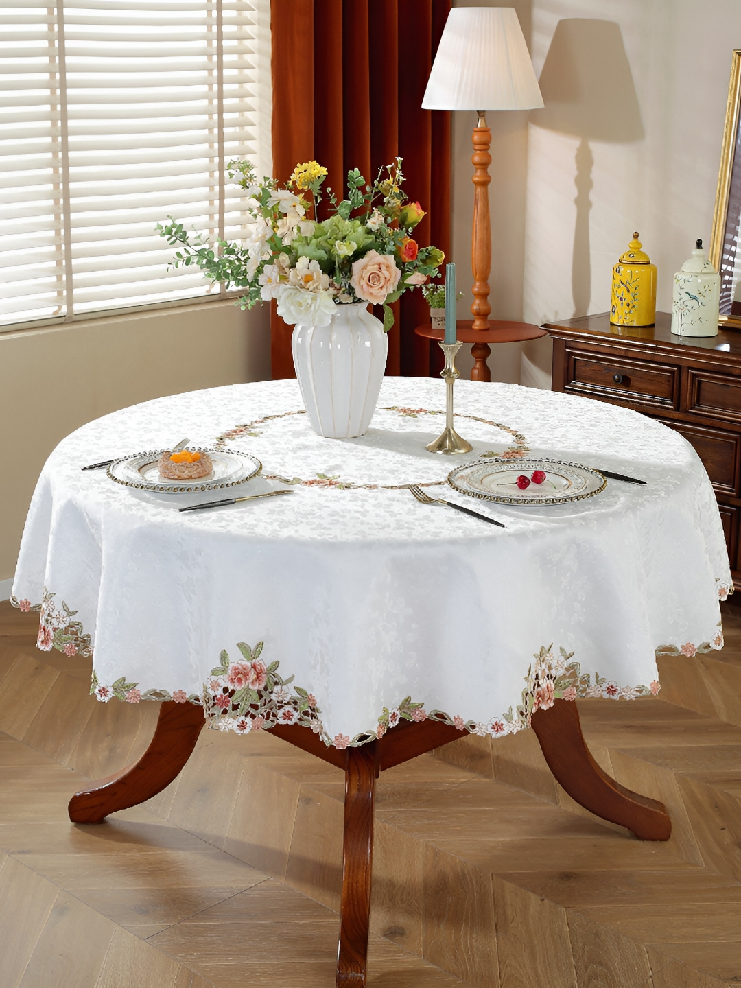 MONKDECOR White Floral Round 4-Seater Table Cover with Embroidered details