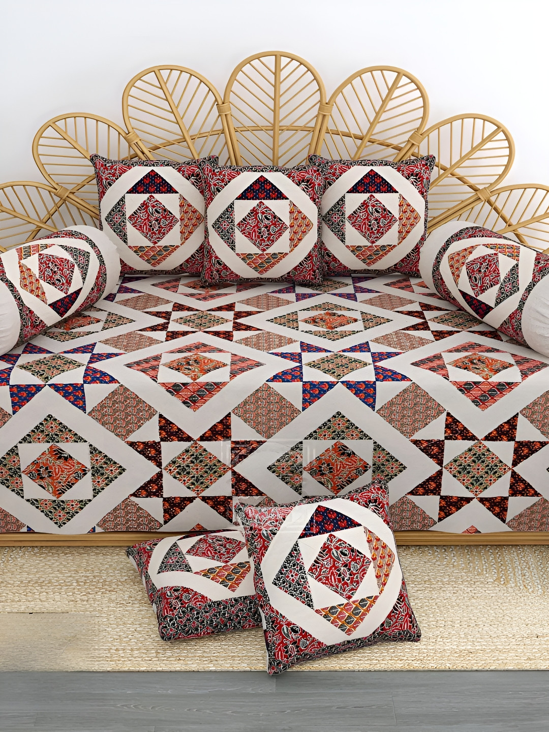 LIVING ROOTS Brown & White 8 Pieces Printed Pure Cotton Diwan Set