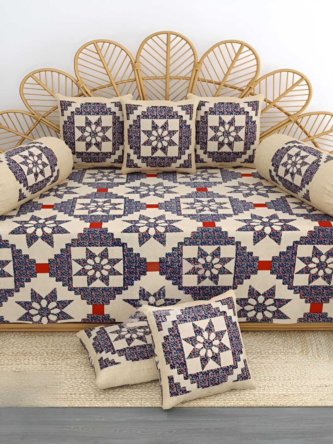 LIVING ROOTS Blue & Beige 8 Pieces Printed Pure Cotton Diwan Set