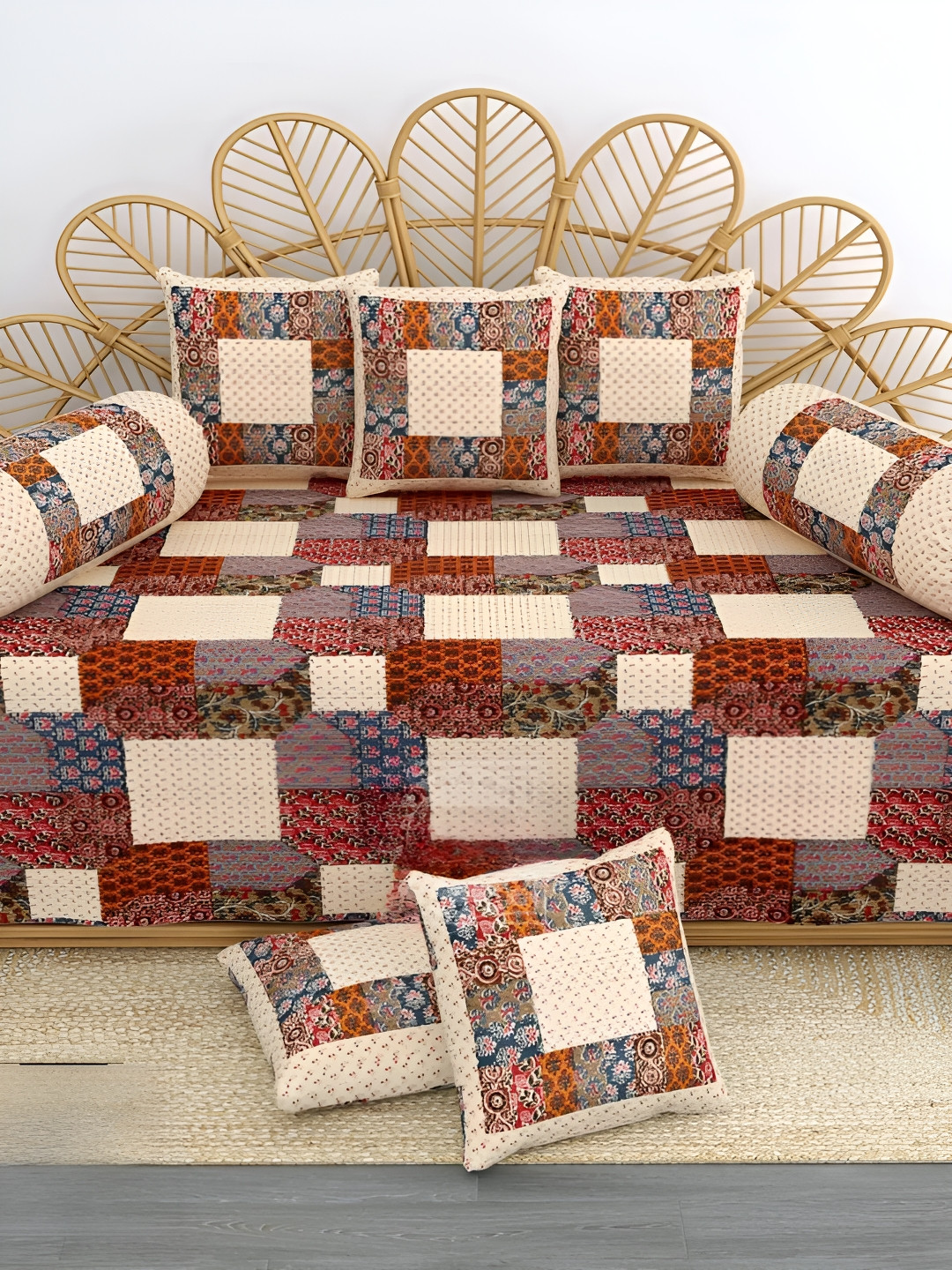 LIVING ROOTS Cream Coloured & Blue 8 Pieces Printed Pure Cotton Diwan Set