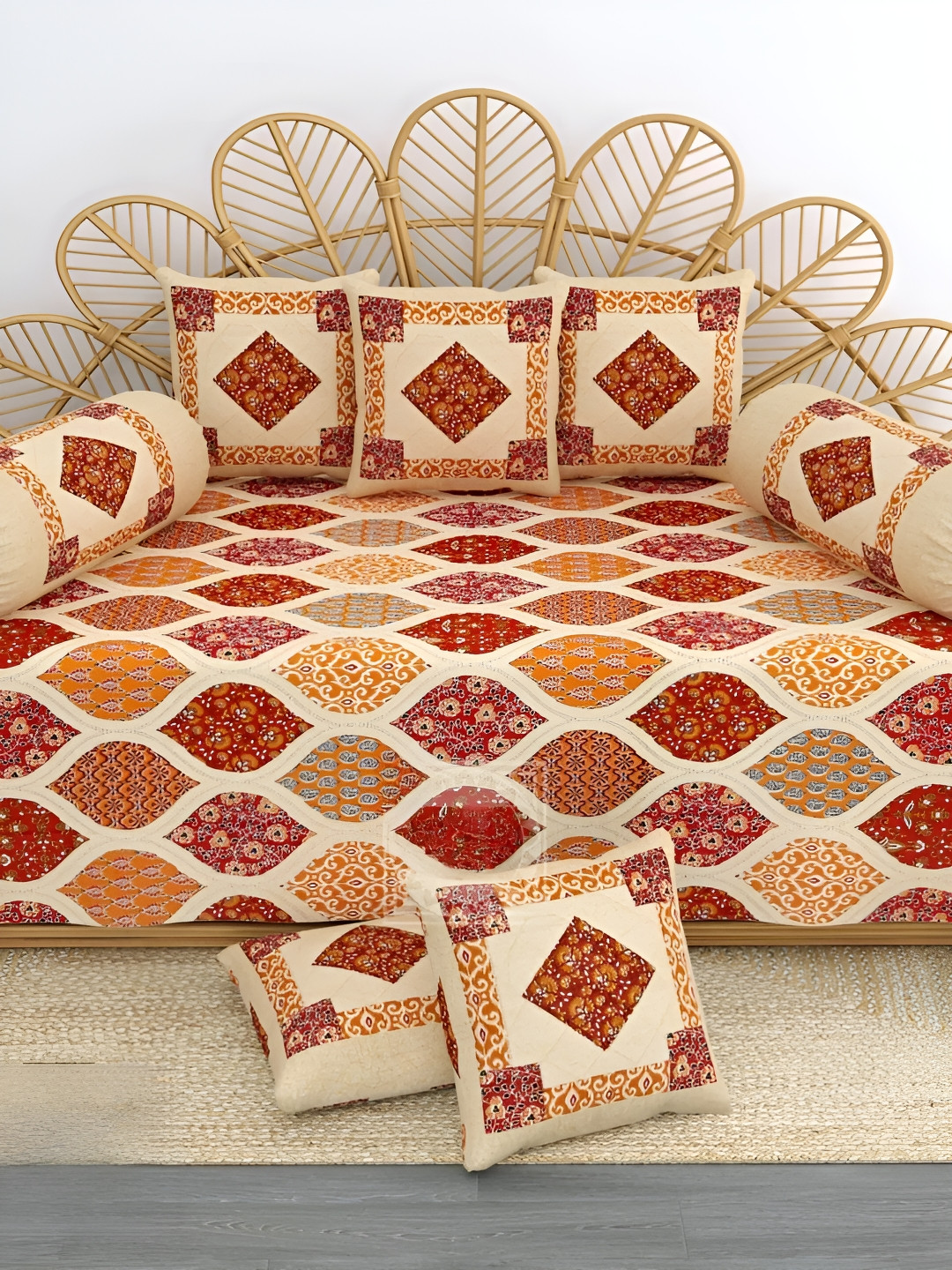 LIVING ROOTS Red & Beige 8 Pieces Printed Pure Cotton Diwan Set