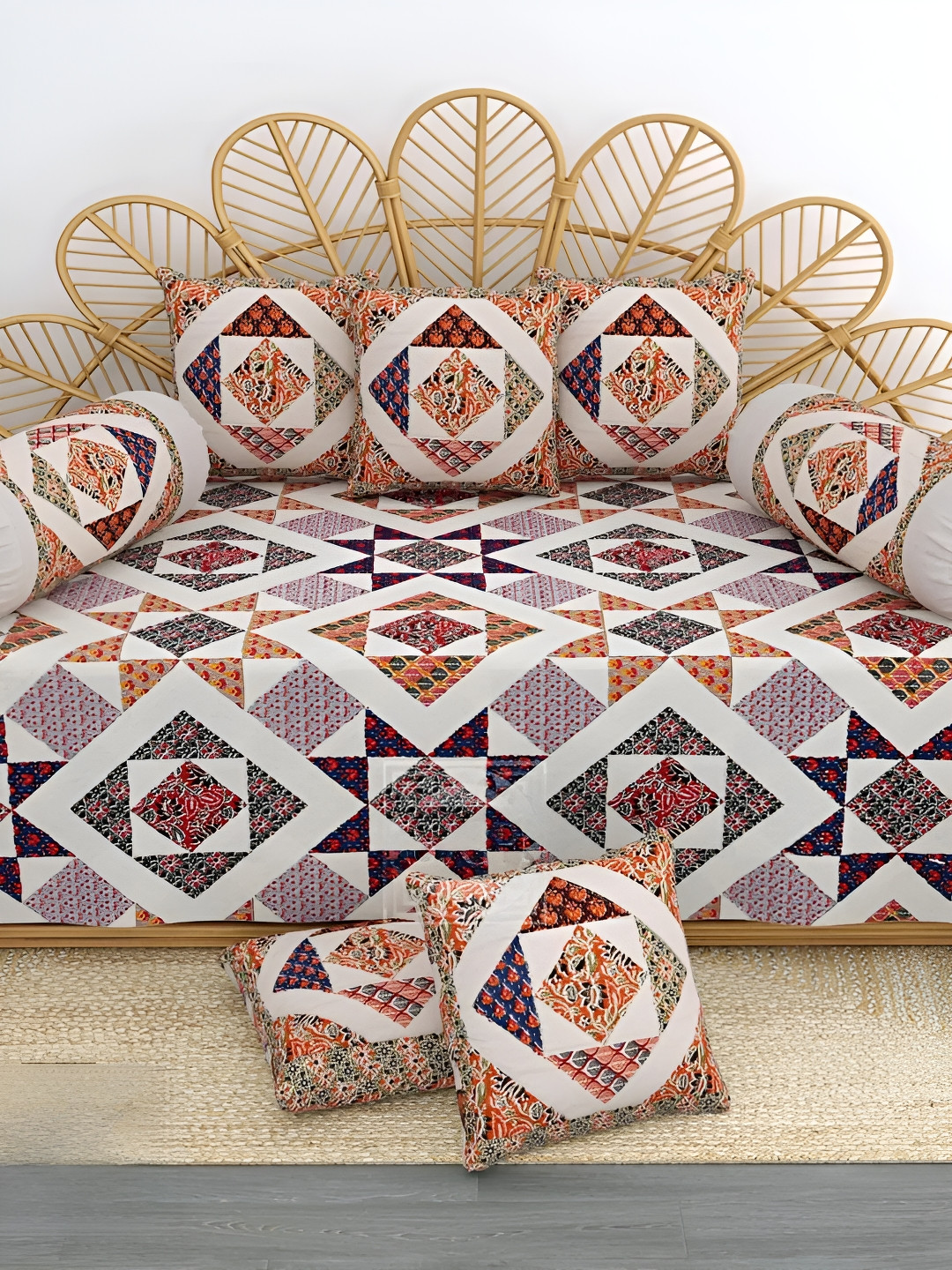 LIVING ROOTS White & Red 8 Pieces Printed Pure Cotton Diwan Set