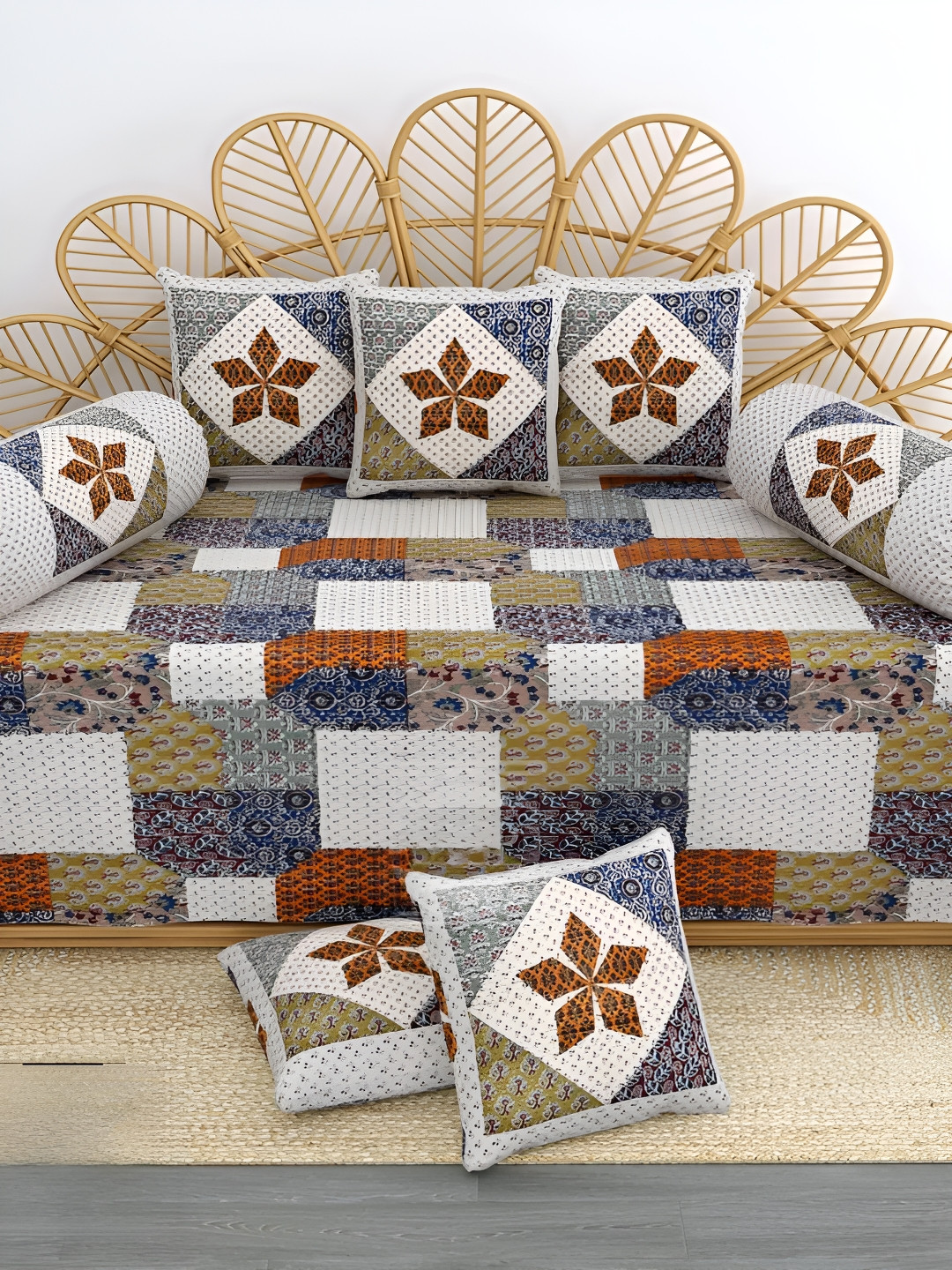 LIVING ROOTS Blue & White 8 Pieces Printed Pure Cotton Diwan Set