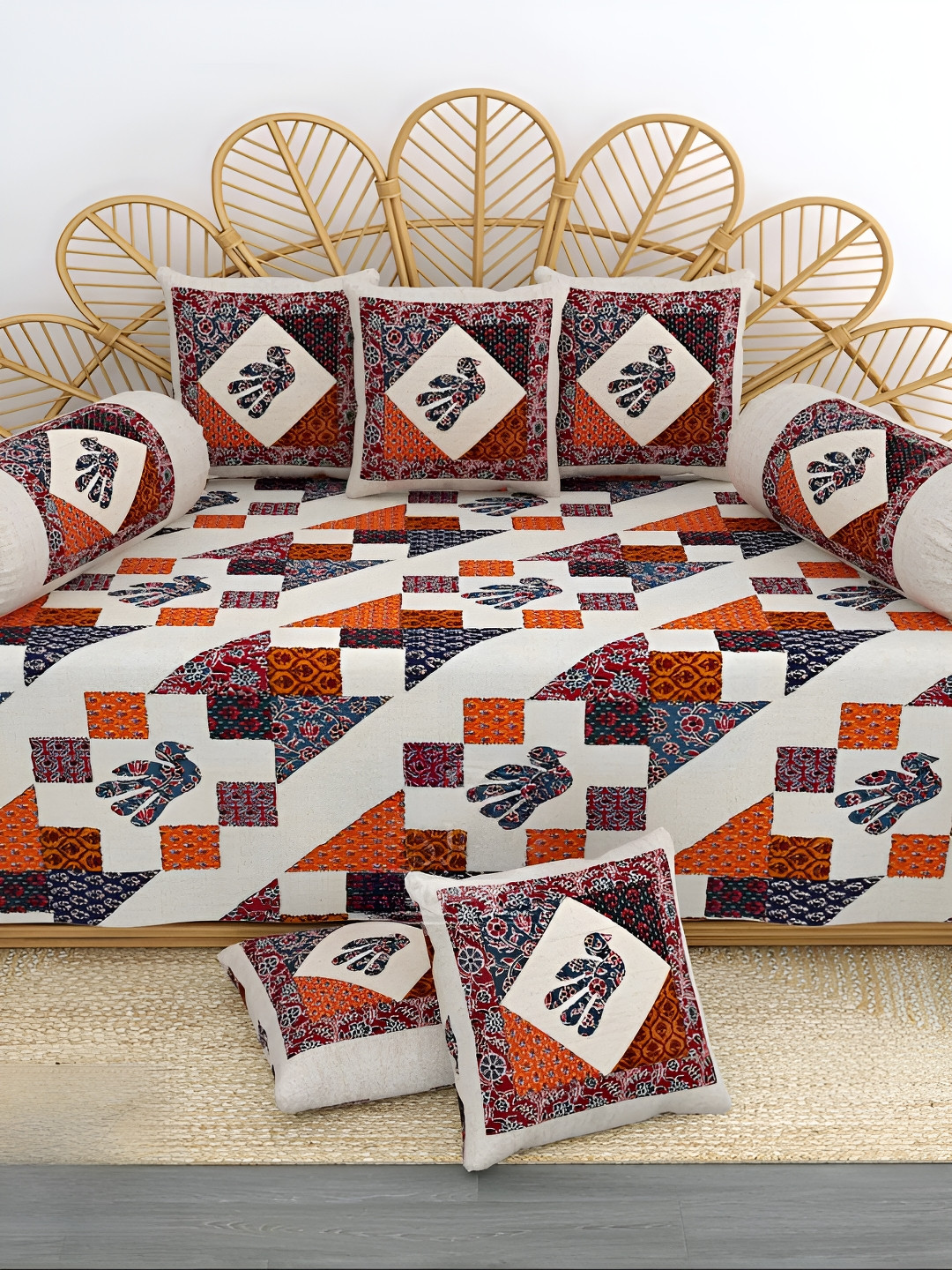 LIVING ROOTS 8 Pieces White & Red Printed Pure Cotton Diwan Set