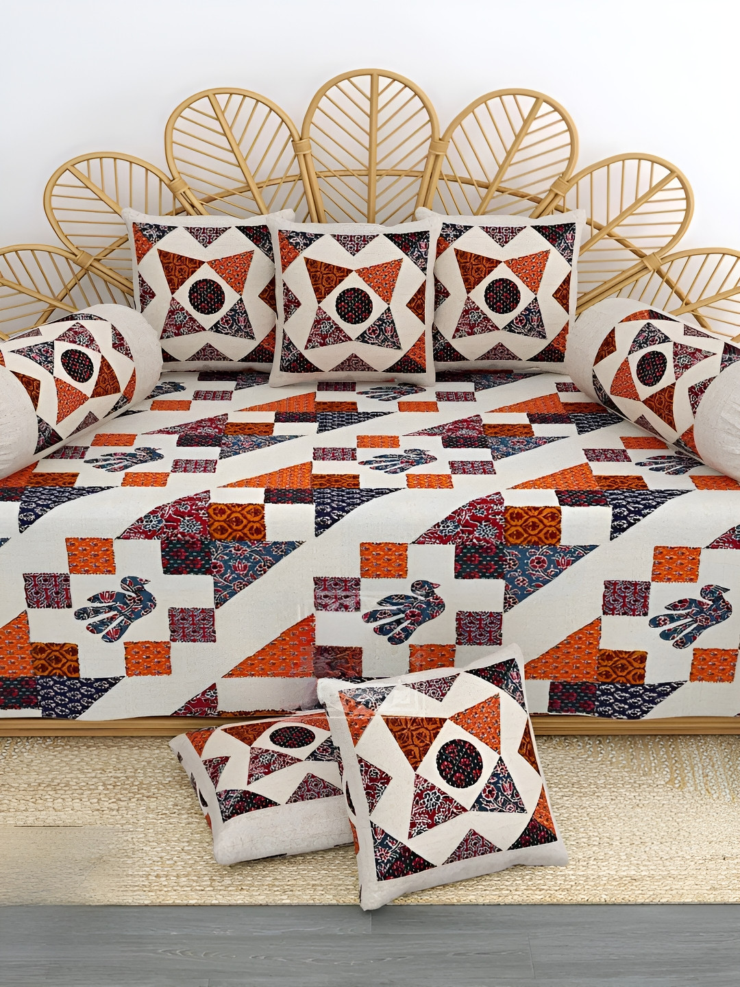 LIVING ROOTS White & Orange 8 Pieces Coloured Printed Pure Cotton Diwan Set