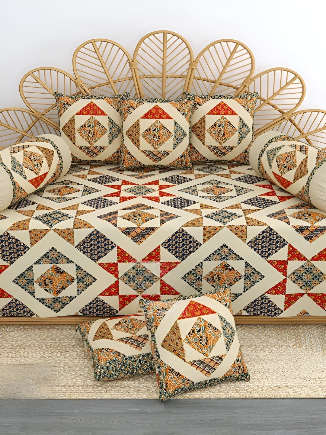 LIVING ROOTS Green & Red 8 Pieces Printed Pure Cotton Diwan Set
