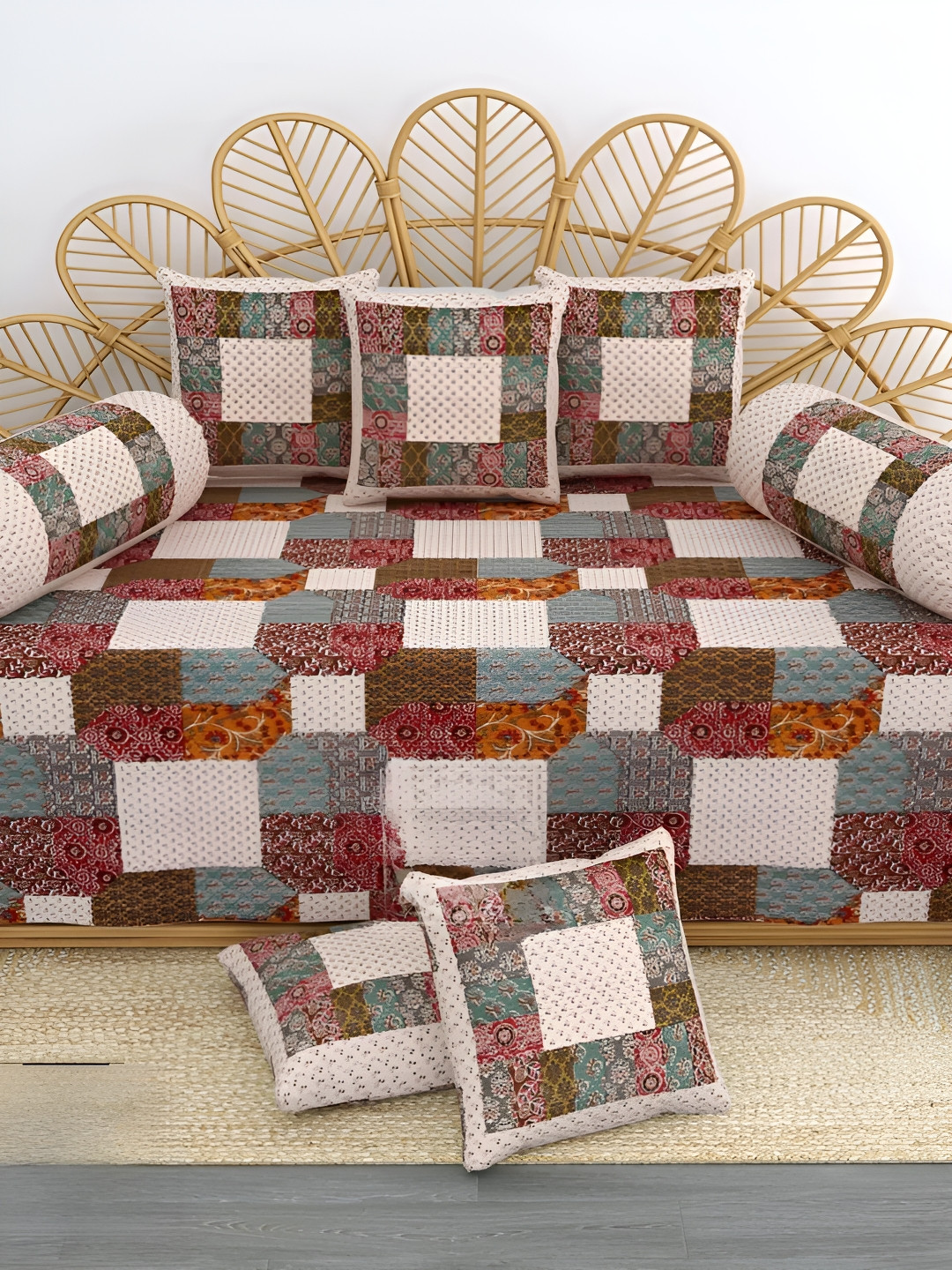 LIVING ROOTS Pink & Green 8 Pieces Printed Pure Cotton Diwan Set