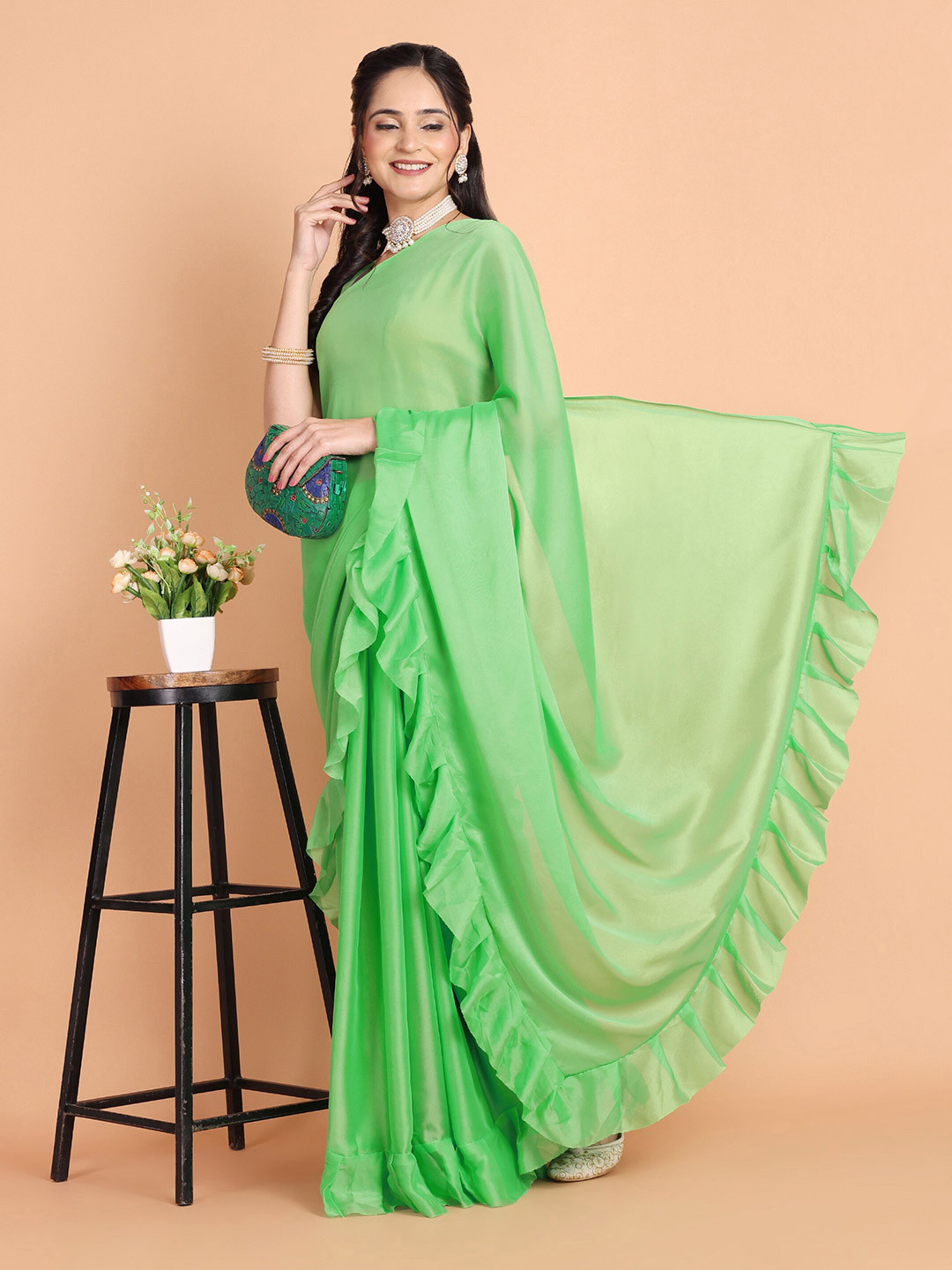 Mitera Green Ruffels Pure Georgette Saree