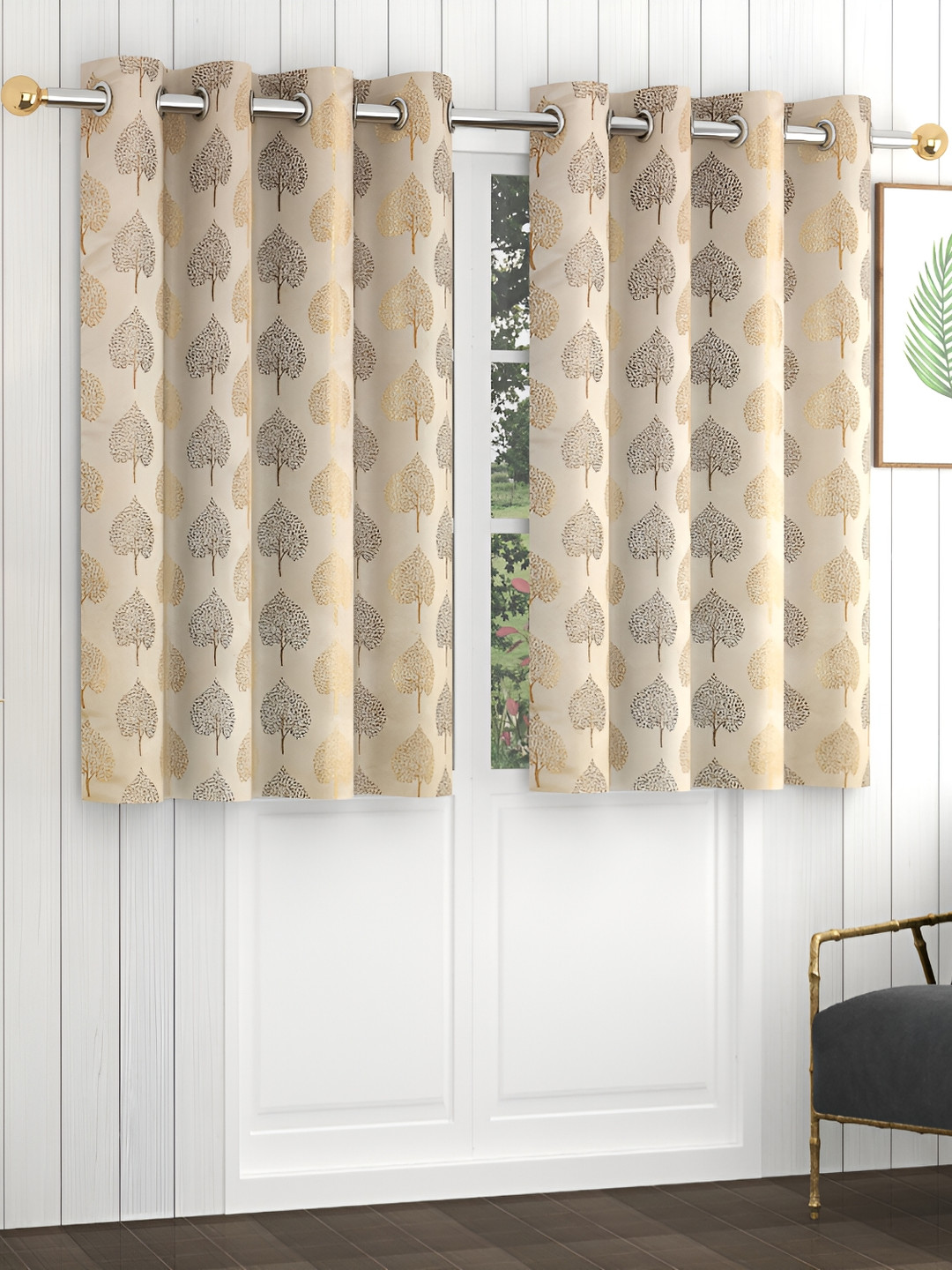 Yellow Weaves Brown & Gold-Toned 2 Pieces Floral Printed Window Curtains